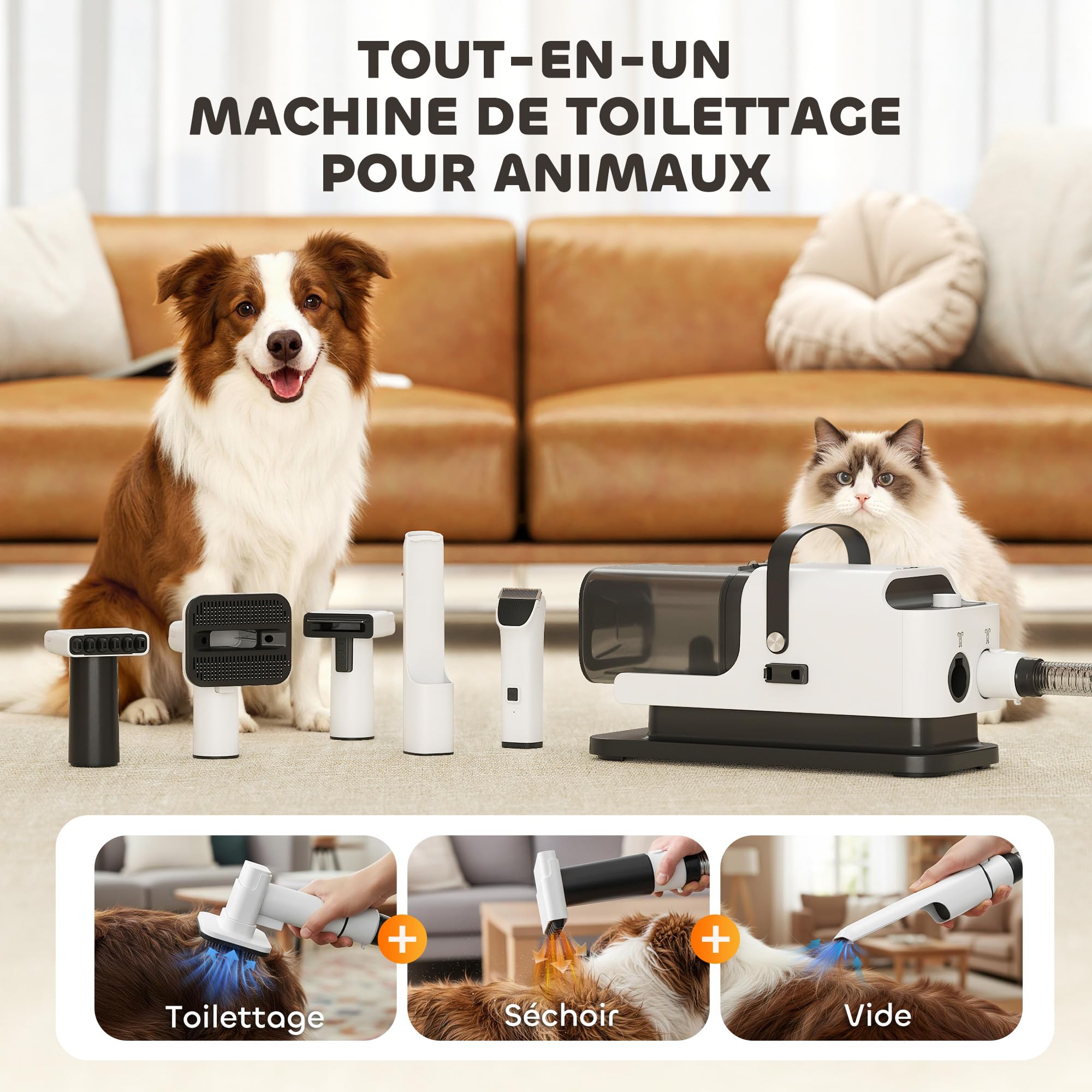 PawHut Aspirateur Poil de Chien et Séchoir 5-en-1, Kit Toilettage Chien Professionnel 12kPa - Tondeuse Chien Silencieuse 50dB avec Température Réglable et Réservoir 1,8L pour Animaux, Blanc
