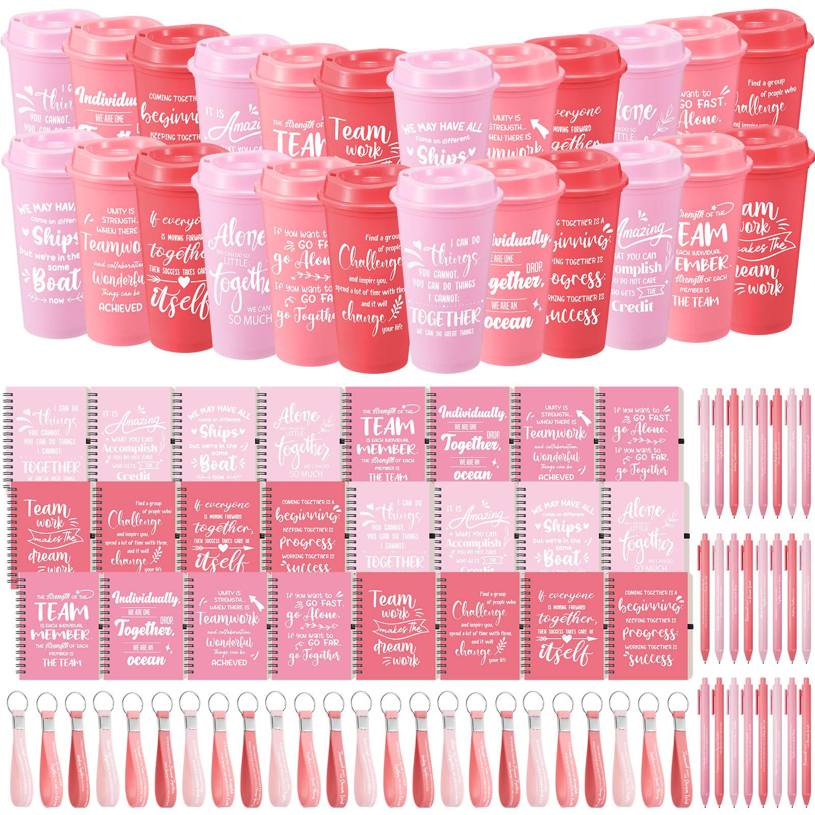 Skylety 24 Set/96 Pcs Team Appreciation Gift Set Inspirational Employee Appreciation Gift Bulk 16 oz Coffee Cups with Team Notebook Pen Keychains for Staff Teacher (Pink Color)