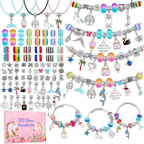 Cludoo Kit de fabricación de pulseras de dijes para niñas, 90 piezas, kit de fabricación de joyas para niñas adolescentes, incluye cuentas de