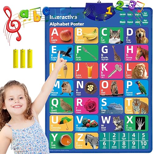 Tabla de pared del alfabeto interactivo electrónico (3 pilas AAA incluidas), juguetes de aprendizaje para niños pequeños de 1 a 3 años, juguetes