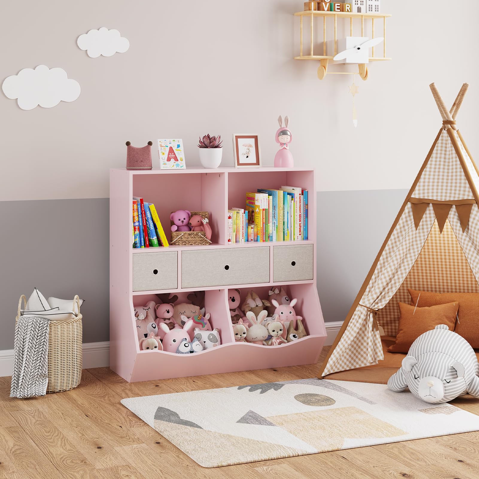 Garvee Vielseitiges Kinder Bücherregal & Spielzeugregal – Mehrere Ablagen, 7 Fächer, 2 Bücherfächer, 3 herausnehmbare Schubladen – Aufbewahrungsschrank für Kinderzimmer, Spielzimmer, Flur,