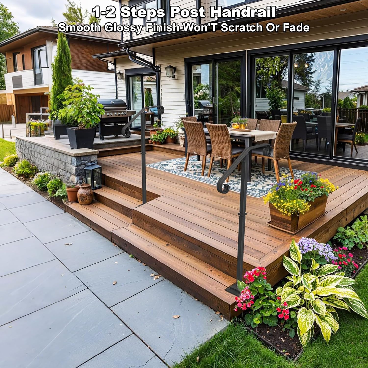 handrails for outdoor steps-single post wrought iron handrail for 1, 2 step-outdoor stair rail handrails-38.9" h black wrought iron hand rail powder coating for concrete steps or wood stairs 1-2 steps cover