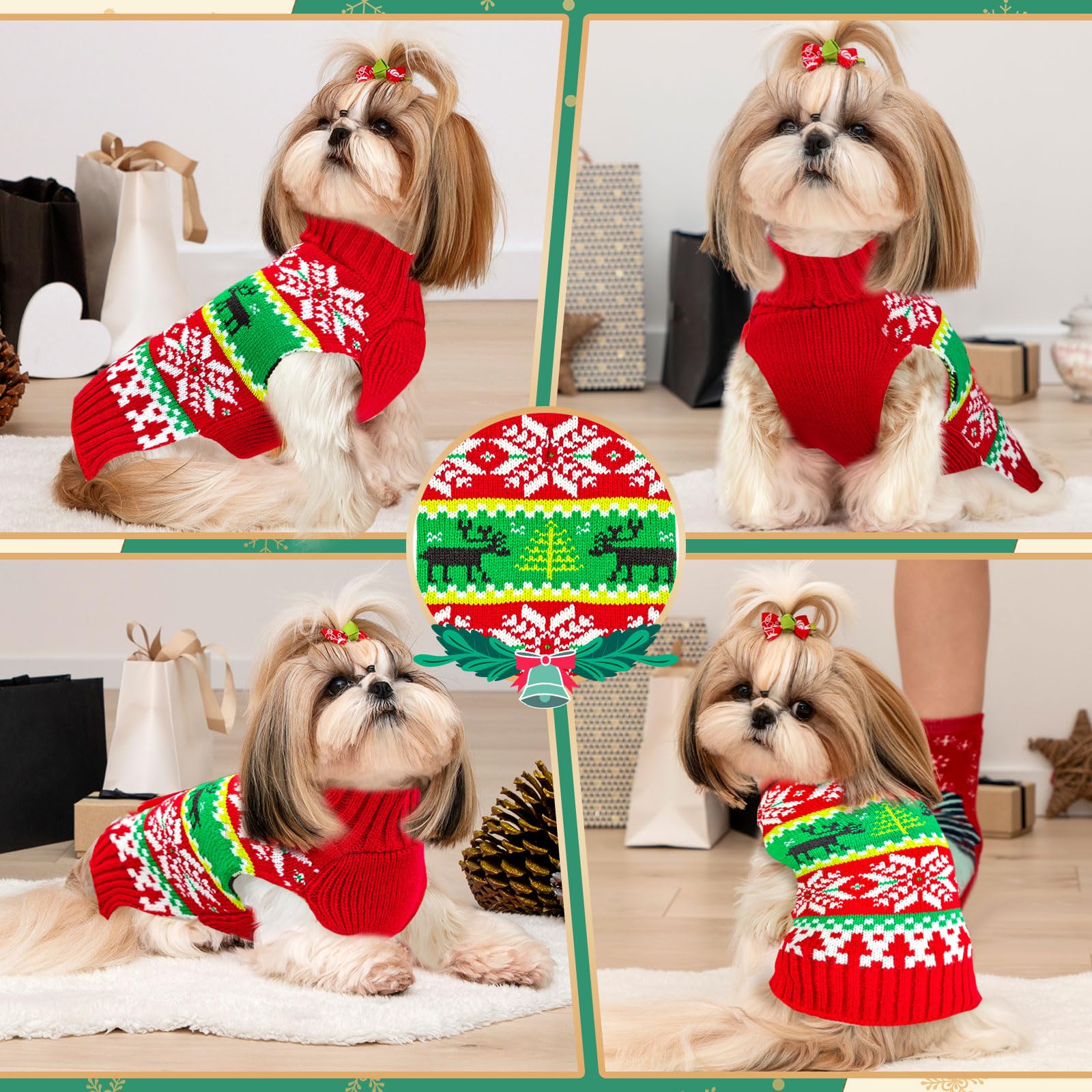 ABRRLO Dog Christmas Jumper Santa Snowman Reindeer Ugly Xmas Pet Sweater Outfits Puppy Cat Holiday Costume New Year Clothes Gift for Small Medium Large Dogs (Red Green Brown Deer - Image 2