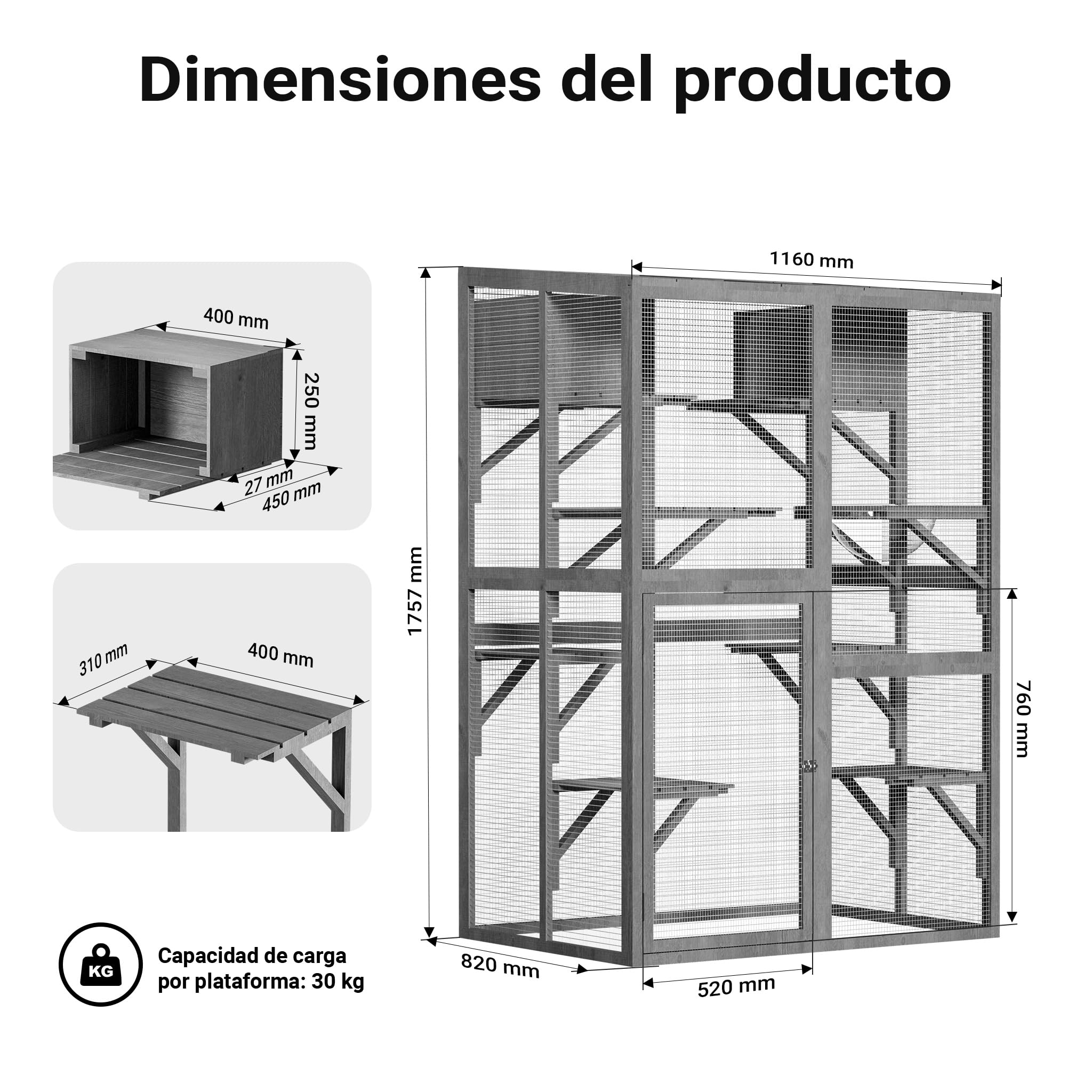 Wiltec Recinto de Exterior para Gatos 116 x 82 x 175,7 cm en Madera de Abeto, Malla de Acero galvanizado, Techo de PVC. Puerta Amplia, 5 Niveles para más Actividad Felina