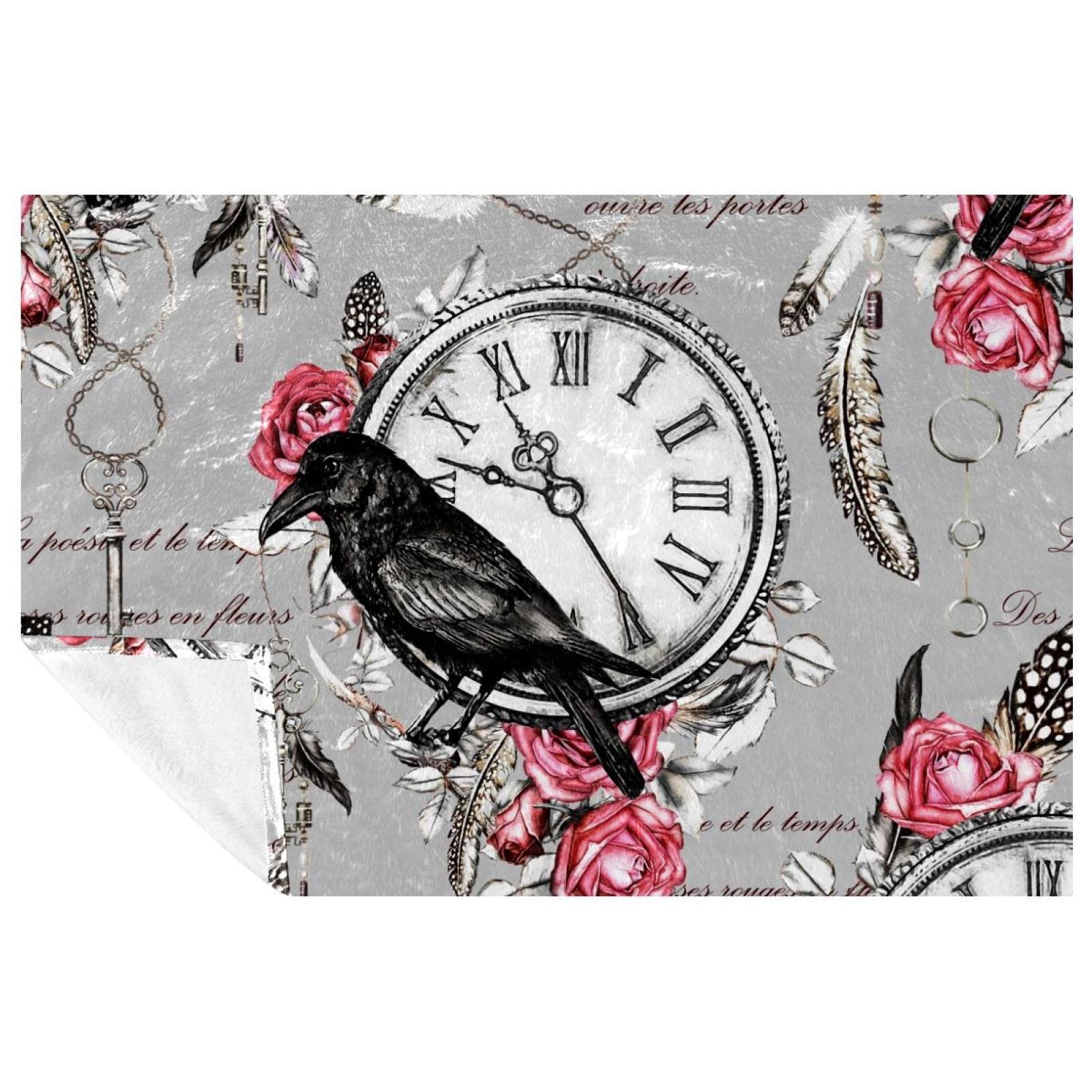 Couverture lit et canapé anti-frissons, plaid doux motif corbeau rose et plumes rétro