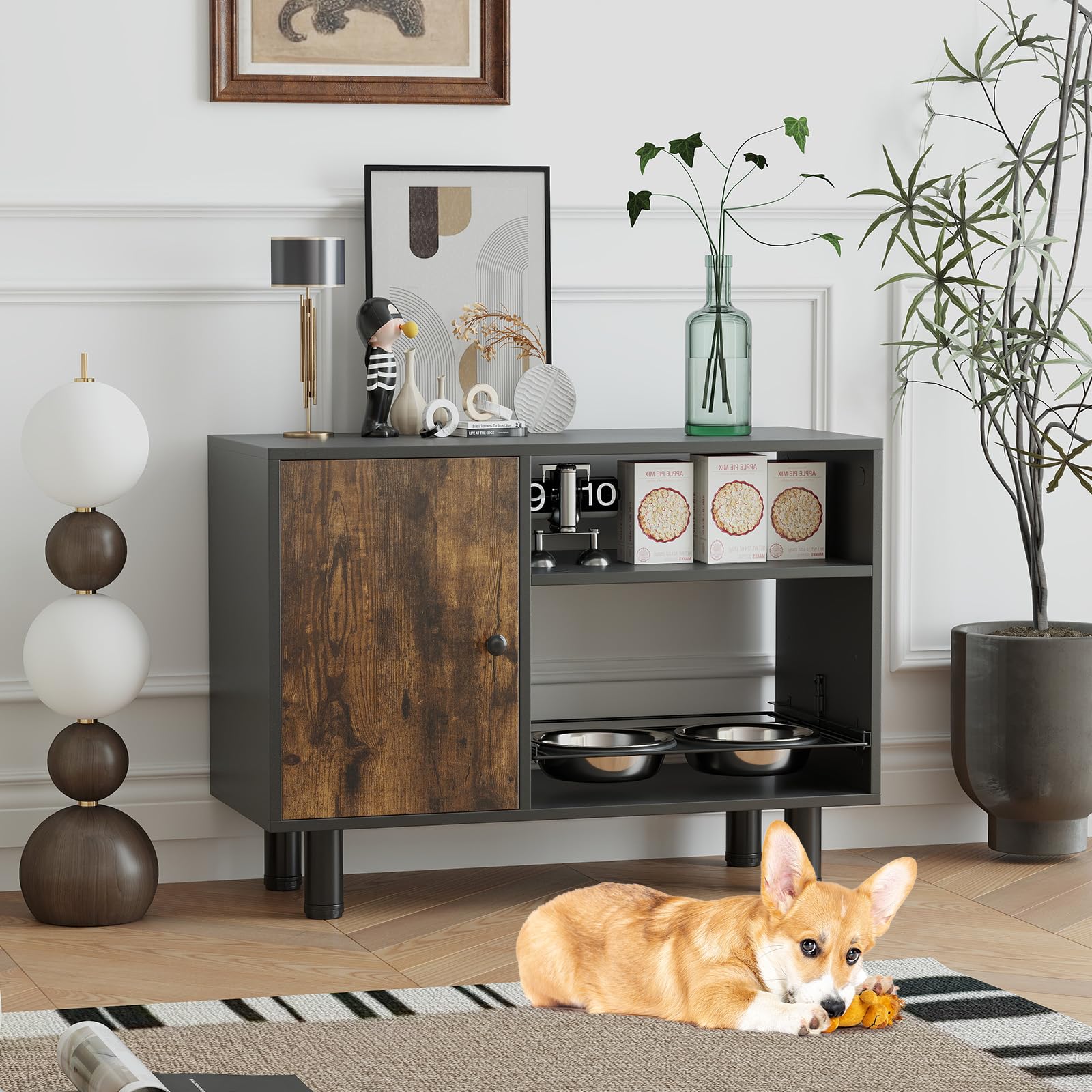 COSTWAY Gabinete de Almacenamiento de Alimentos para Perros, Comedero Perro Elevado con 2 Cuencos Elevados de Acero Inoxidable, Estantes, Estación de Alimentación para Suministros, 82 x 35 x 60 cm