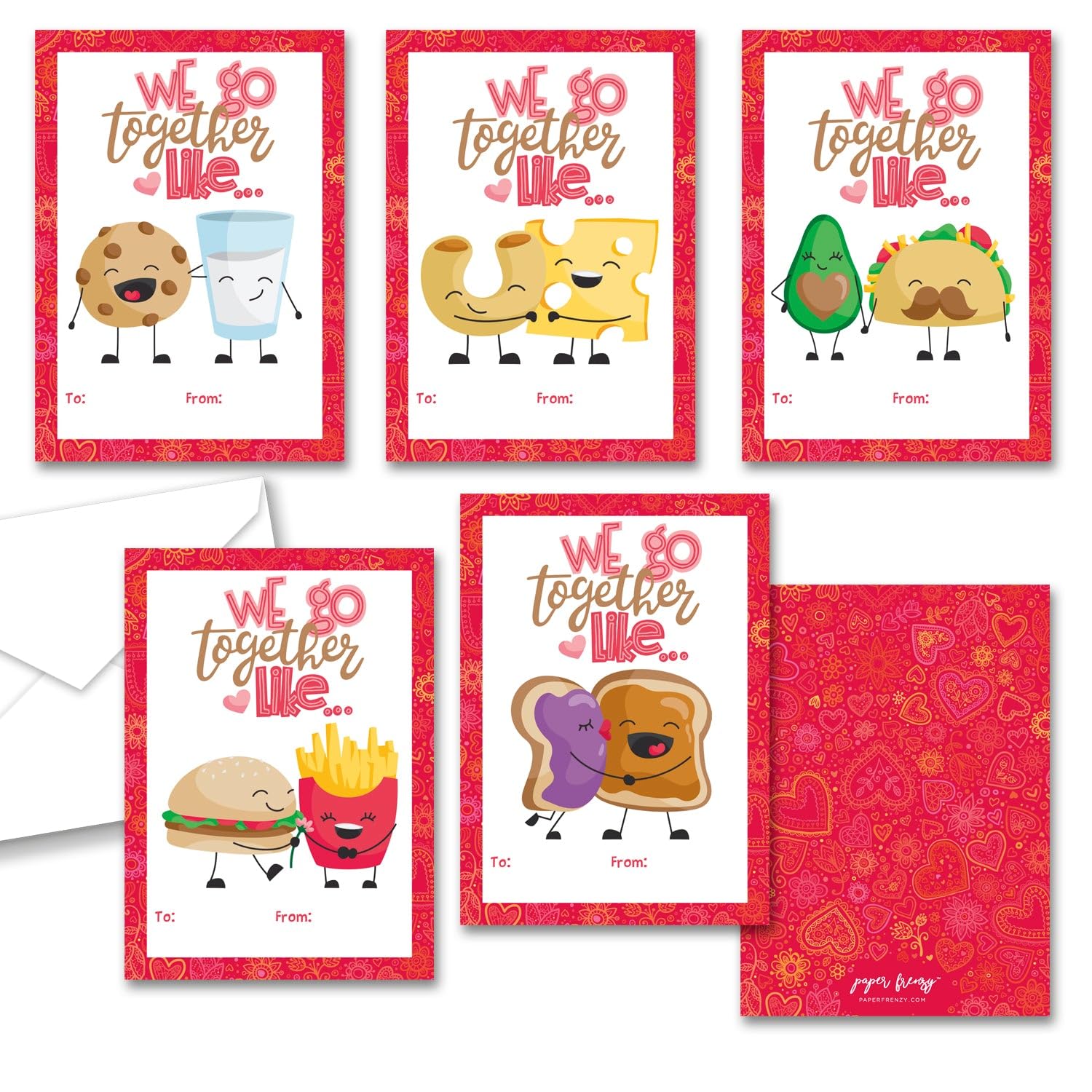 Paper Frenzy Food Themed We Go Together Like Valentine Cards WITH ENVELOPES - 25 Pack
