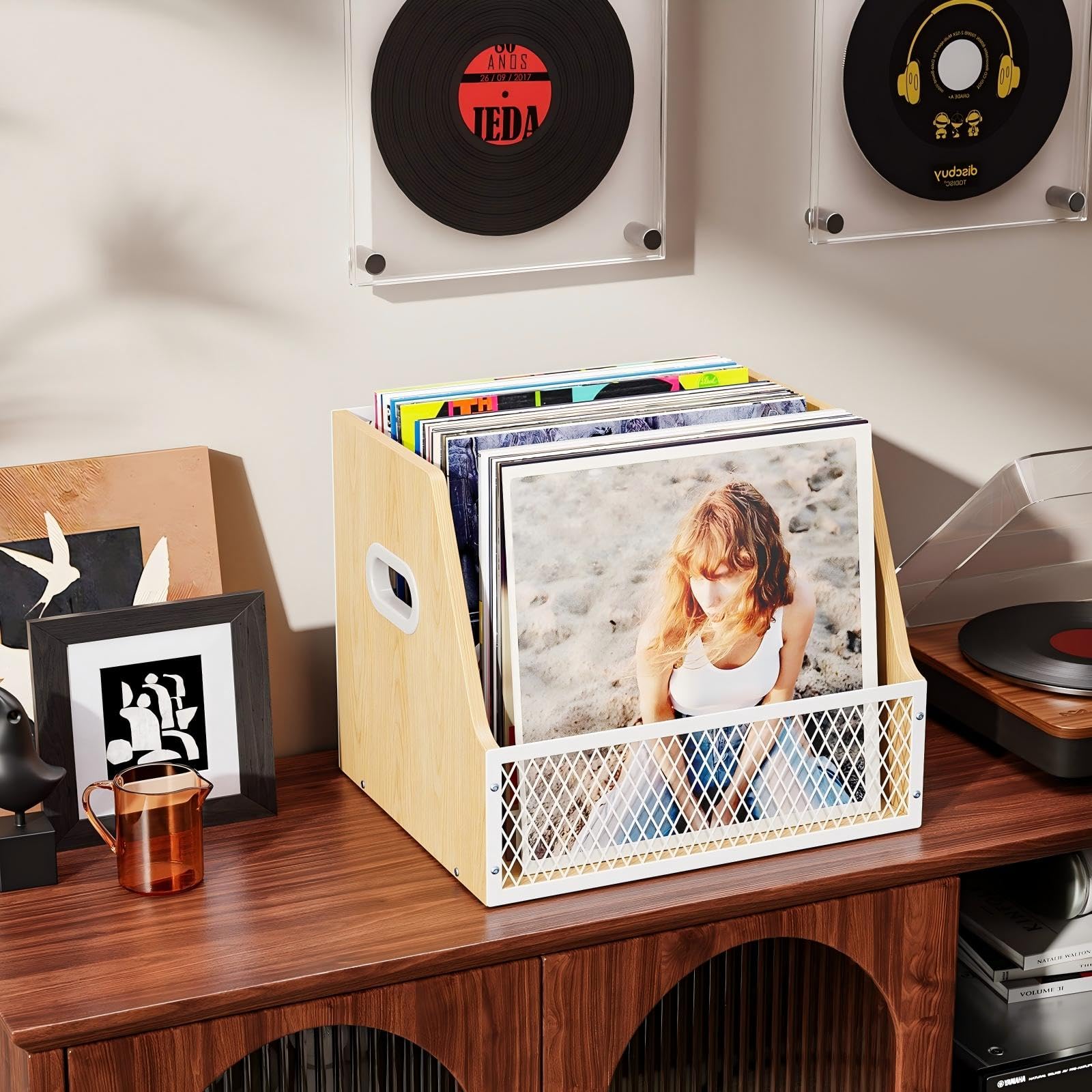 Contenitore per dischi in vinile, cassa in legno con divisori beige naturale
