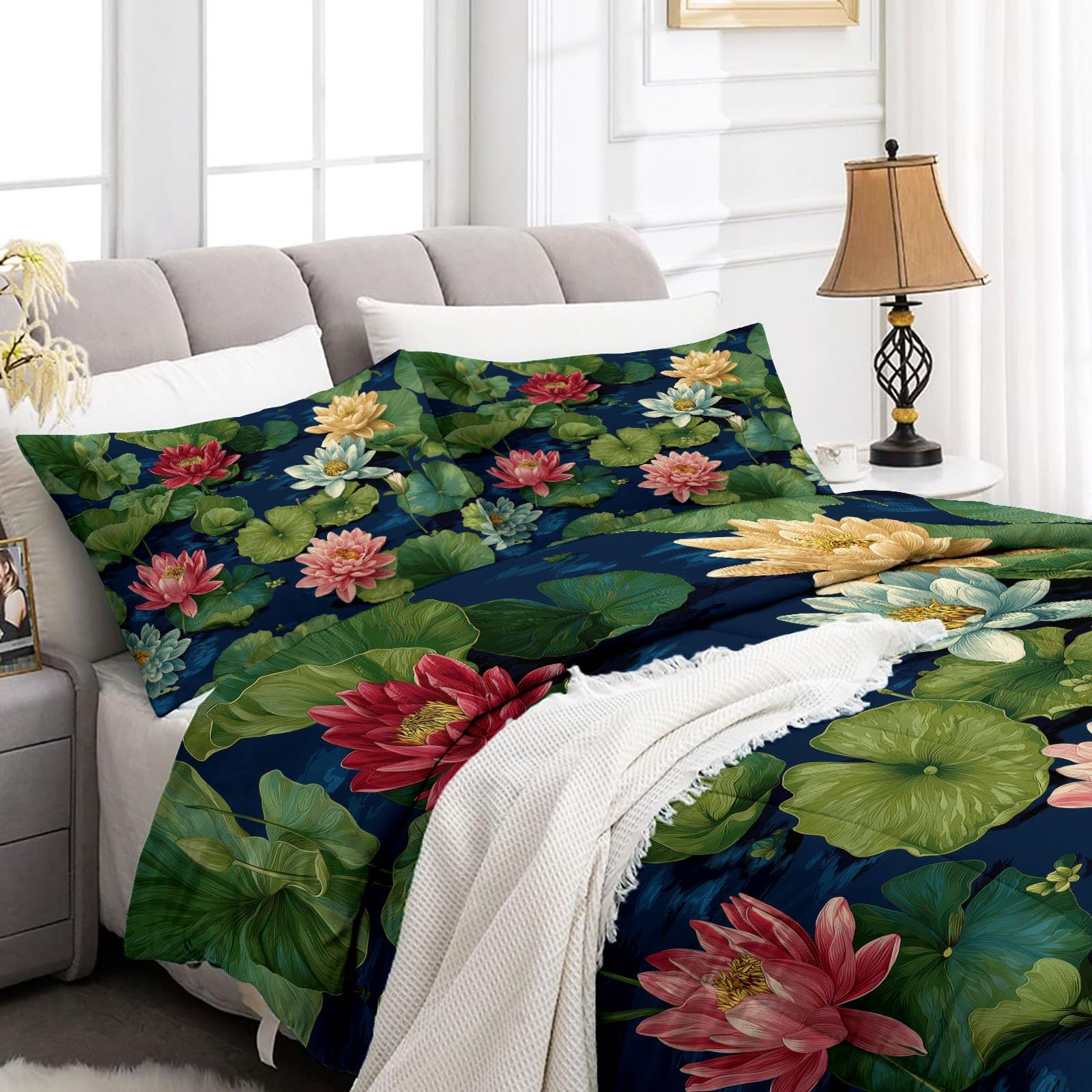 Piumino per adulti 140 x 200 cm, blu piumino 4 stagioni senza copripiumino Ukiyo-E giapponese Edredon trapuntato, stampa reversibile caldo, con 2 federe 65 x 65 cm