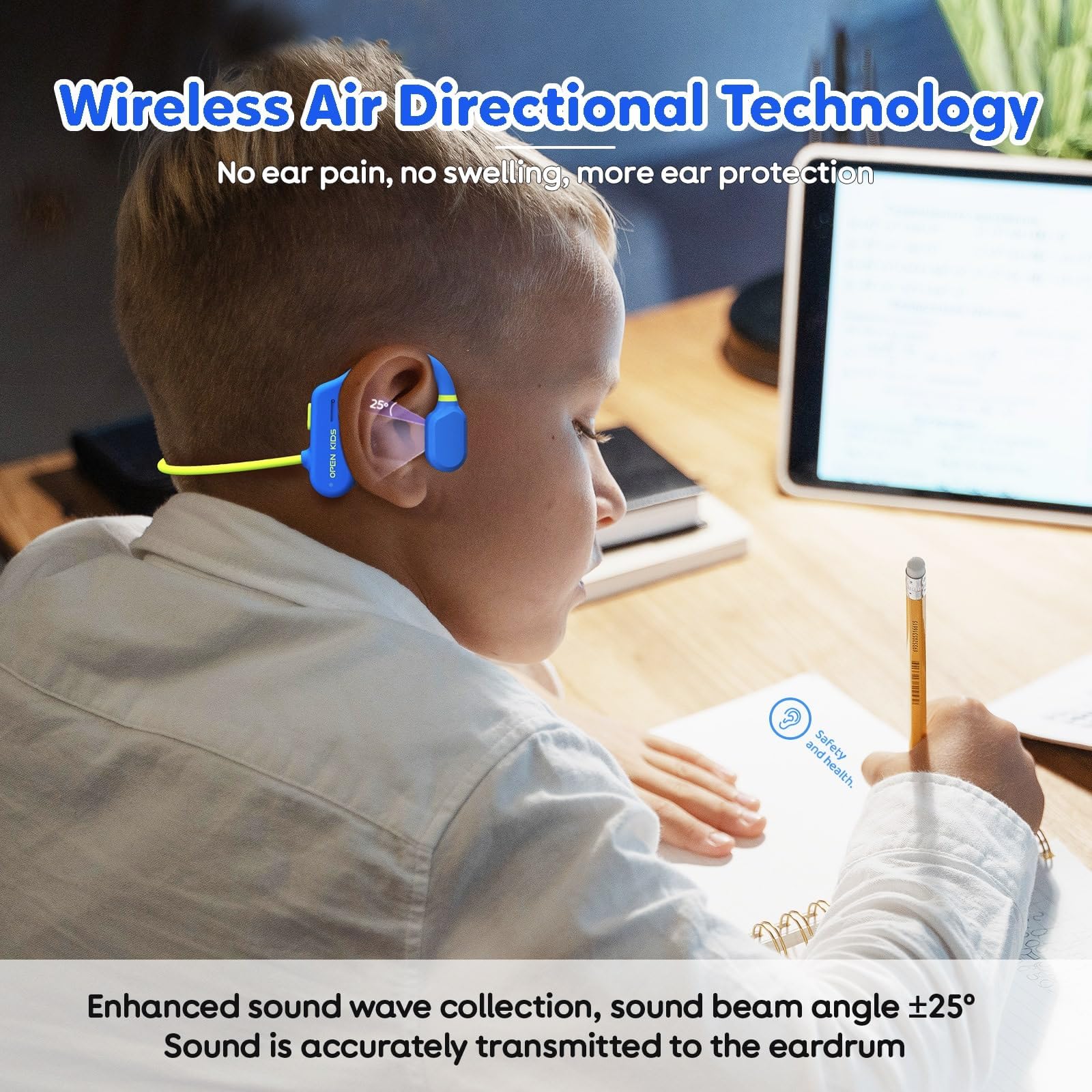 Auriculares para niños de oído abierto con volumen seguro de 85 dB, auriculares inalámbricos Bluetooth con protección para niños, auriculares de conducción de aire con micrófono para niños y niñas,