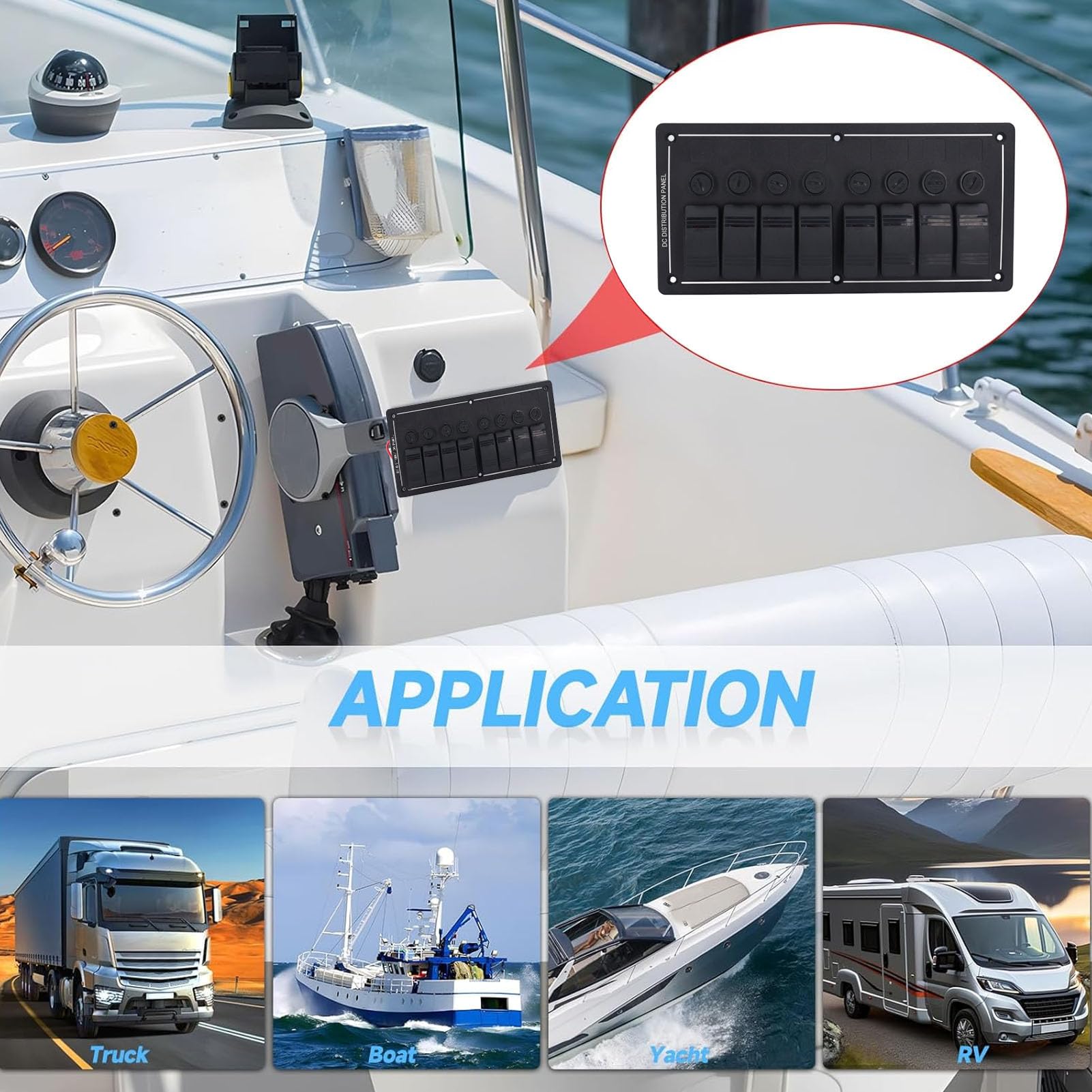 Pannello interruttori a levetta precablato HaloVerde a 8 vie, 12 V CC, in lega di alluminio, con protezione da sovraccarico, ideale per camion, yacht, autobus e applicazioni