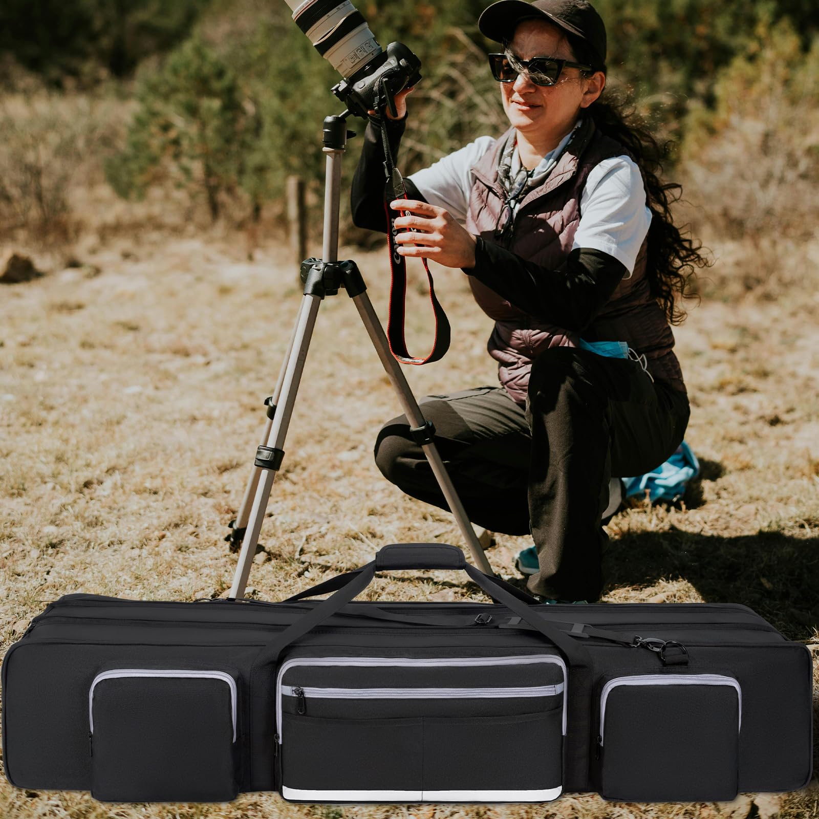 OUUTMEE Bolsa de transporte para trípode, bolsa grande para trípode fotográfico con separadores acolchados extraíbles, bolsa de soporte de luz con base acolchada a prueba de golpes para trípodes de