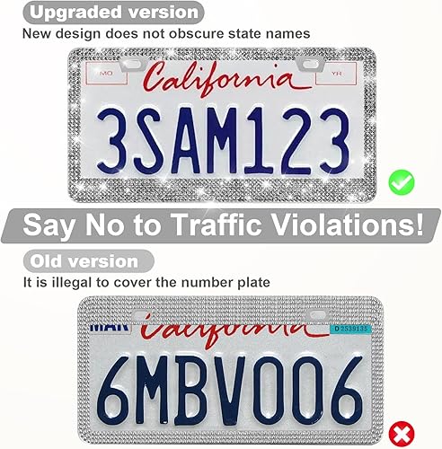 Vista 99 de Paquete de 2 marcos de matrícula brillantes para mujer, accesorios de automóvil con diamantes de imitación brillantes con tapas de cristal con Blanco