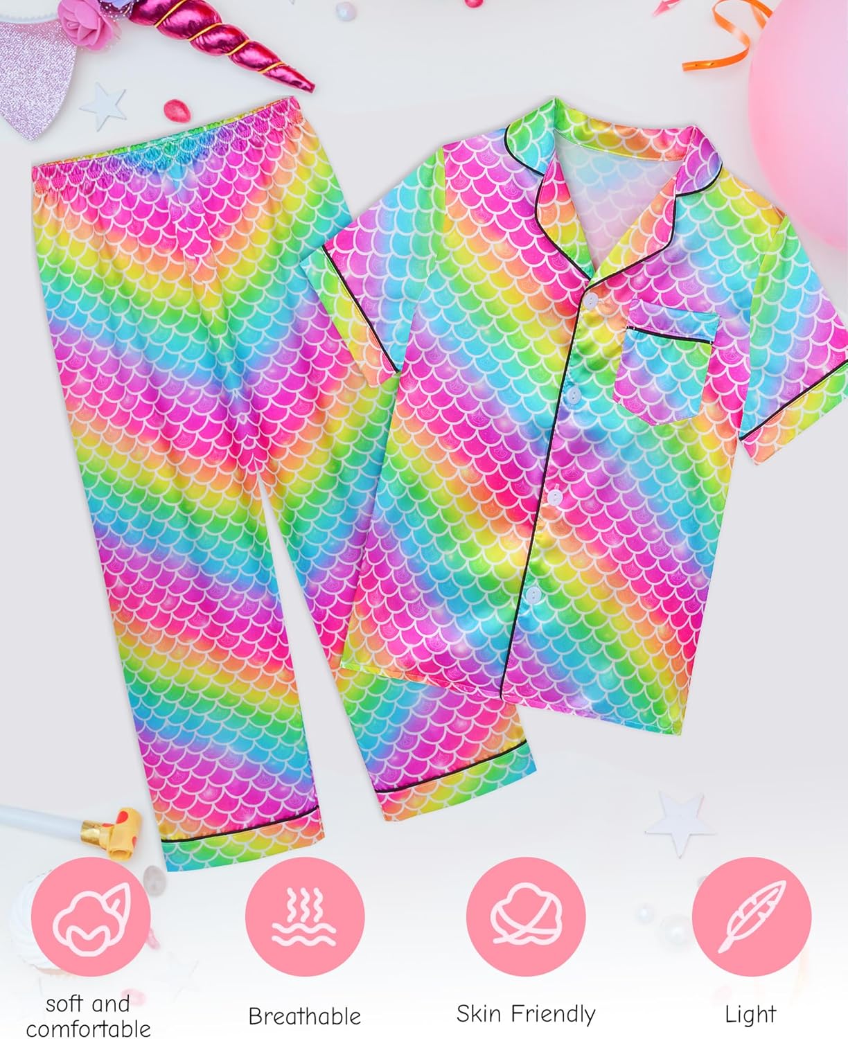 Sylfairy Girls Satin Pajamas Silk PJS Set Rainbow Unicorn Sleepwear Short Sleeve Long Pants Jammies for Toddler Kids - Image 4