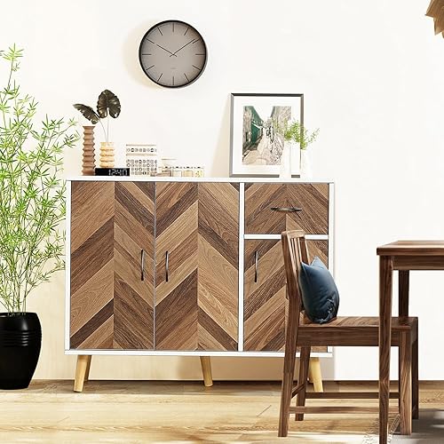 Miniatura 7 de Juego de 2 aparadores tipo bufé con almacenamiento, armario de almacenamiento con 6 puertas, 2 cajones y estantes, gabinete de piso moderno para