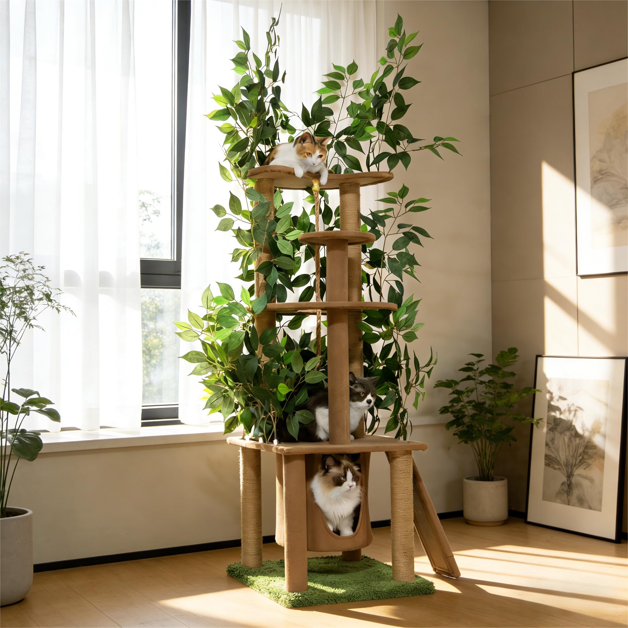 Ultra-haut arbre à chat à 5 niveaux (195 cm) - arbre à gratter en bois naturel avec plantes vertes artificielles, polyvalent pour le plaisir naturel de grimper