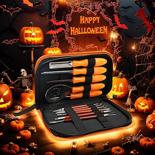 Kit de 11 piezas de tallado de calabaza para adultos y niños con herramientas de escultura de detalles profesionales, juego de cuchillos de acero