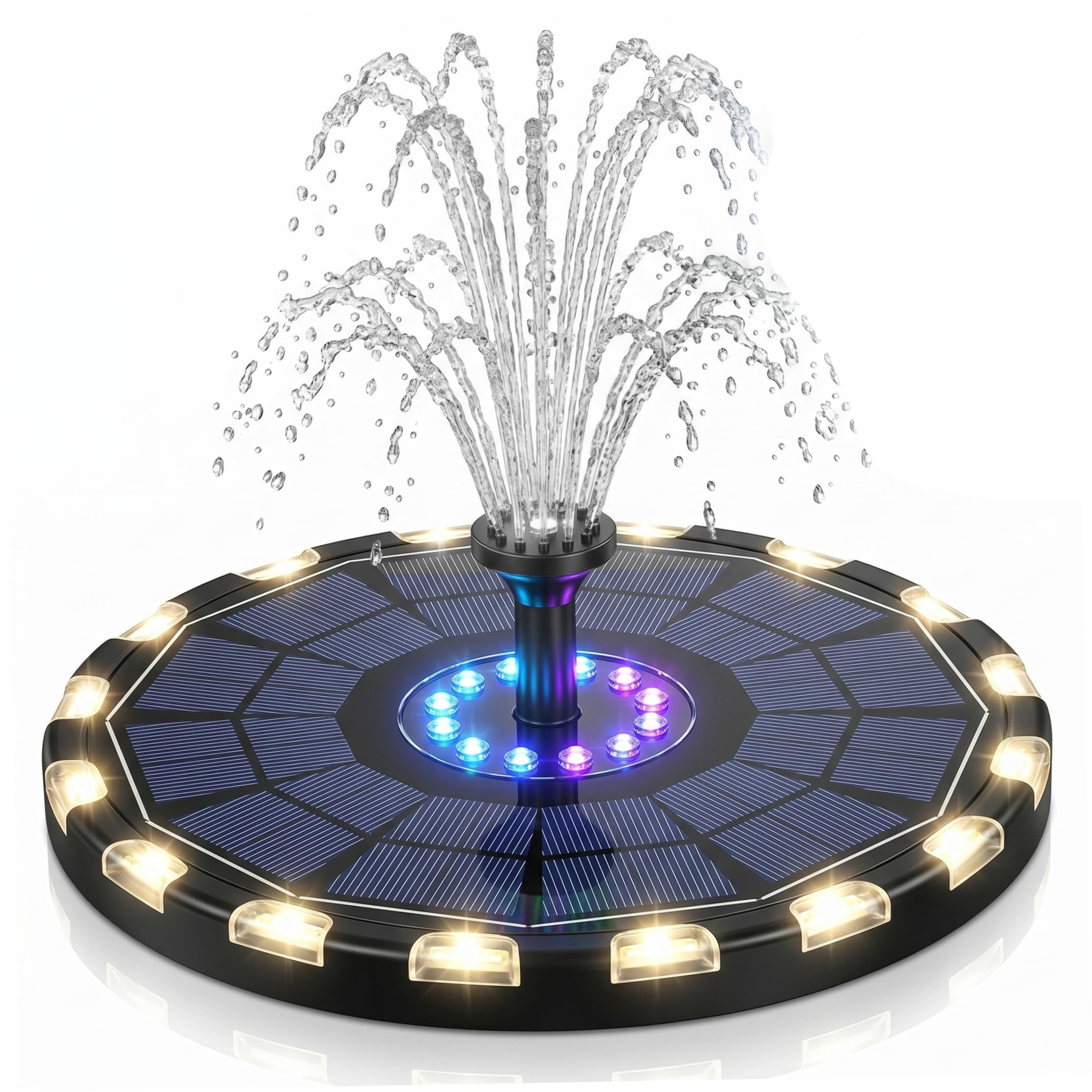 Pond Fountains, Solar Bath Fountain, Solar Powered Water Fountain For Pool - Smart Light Control, 7 Color Modes, 6 Replaceable Nozzles, 7.09 Inch