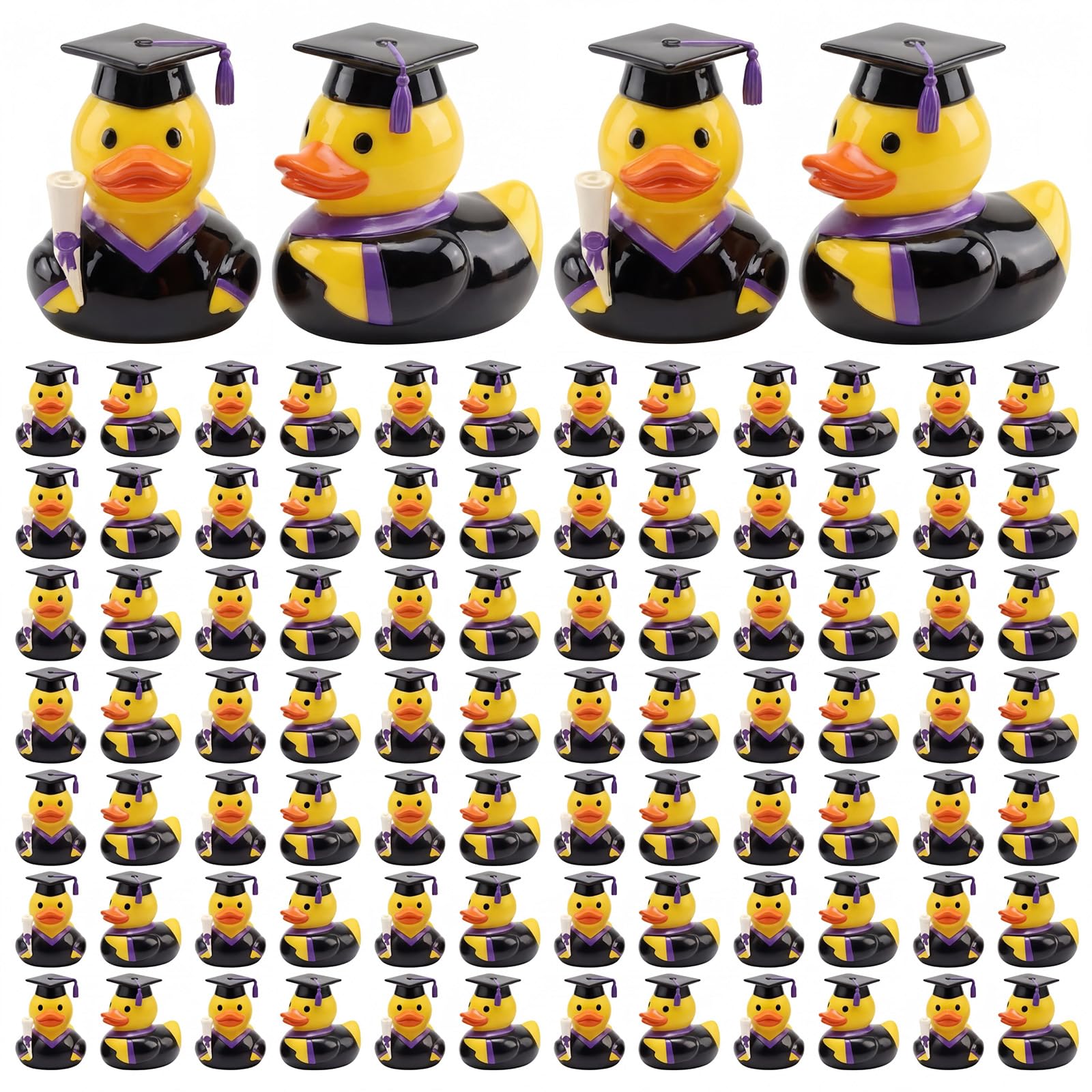Vicenpal 100 Pcs Graduation Resin Ducks 0.6 x 0.8 Inch Mini Resin Ducks Bulk Tiny Grad Duck Figures with Graduation Cap Yellow Duckies Figurine for Grad Reward Prize Gift Party Supplies(Purple)