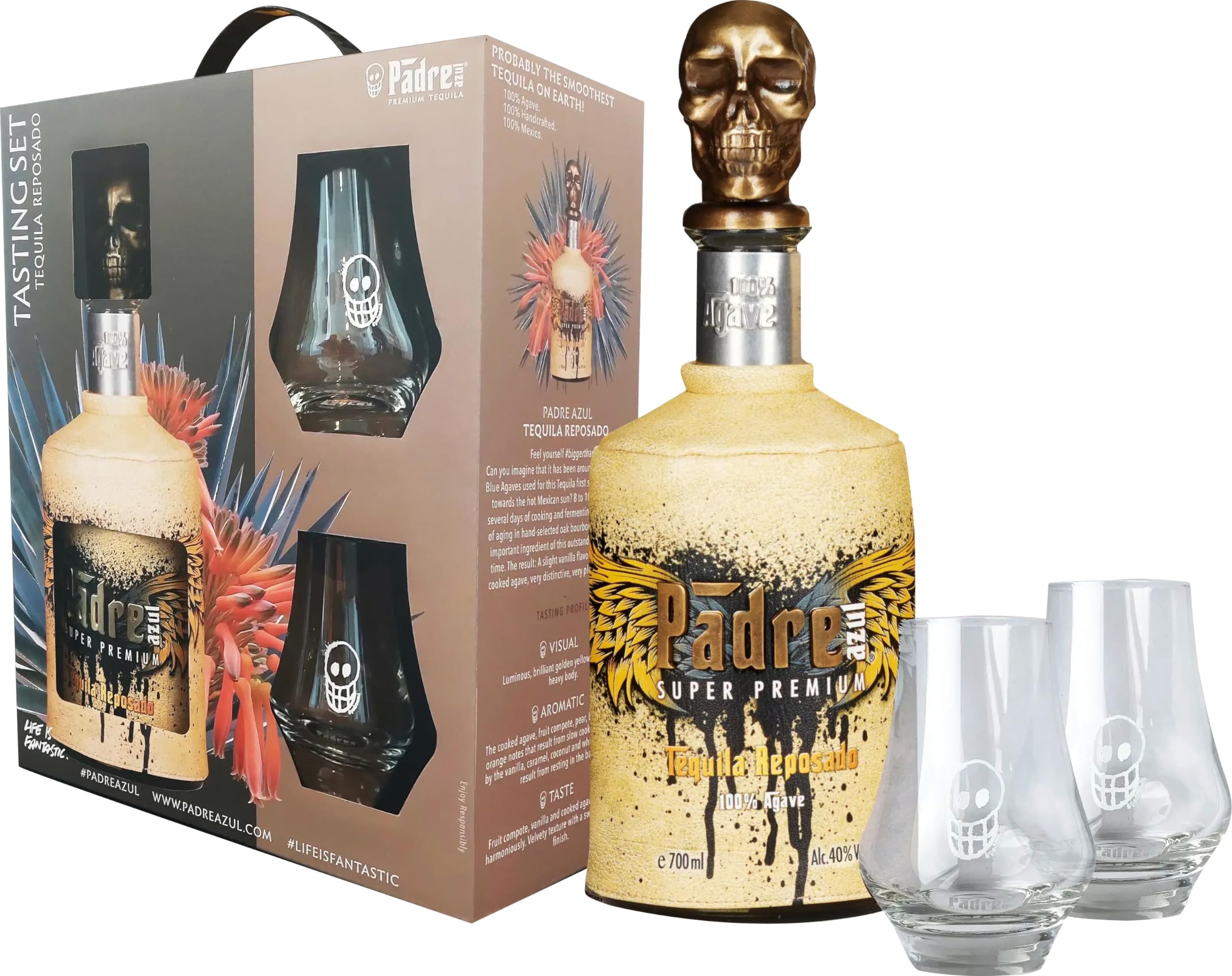 Padre azul Tasting Set Tequila Reposado 40% • Premium Tequila Made in Mexico • Sehr weicher Reposado für den puren Genuss in Geschenkpackung inklusive zwei Gläser (1 x 0.7 l)