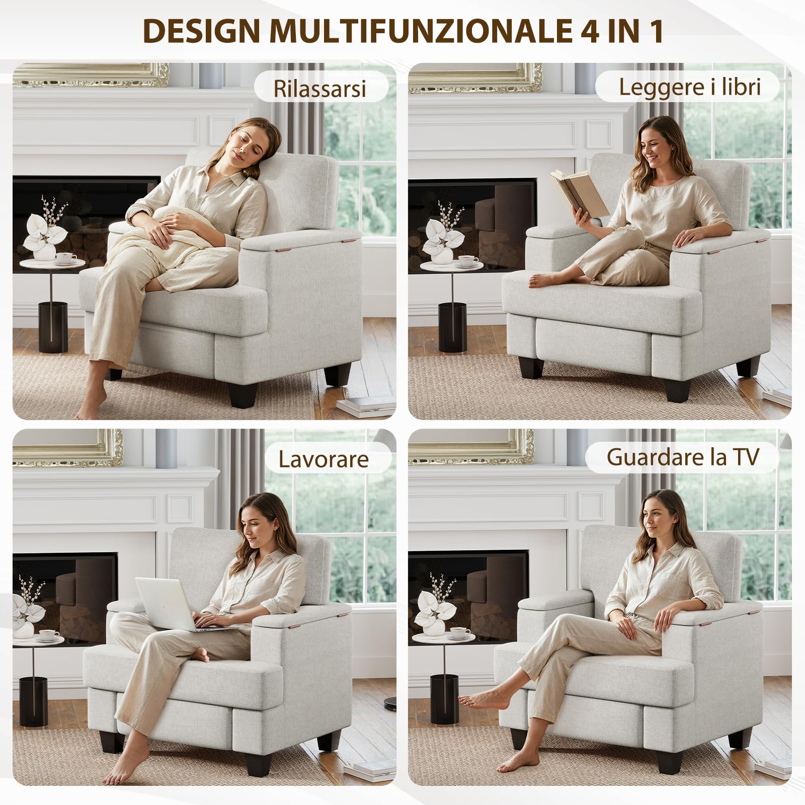 Extra-Grand Poltrona Salotto Contenitore, Divano Singolo Poltrone Camera da Letto con Braccioli con Contenitore, Poltrona Imbottita Relax per Salotto Soggiorno Camera da Letto, Bianco
