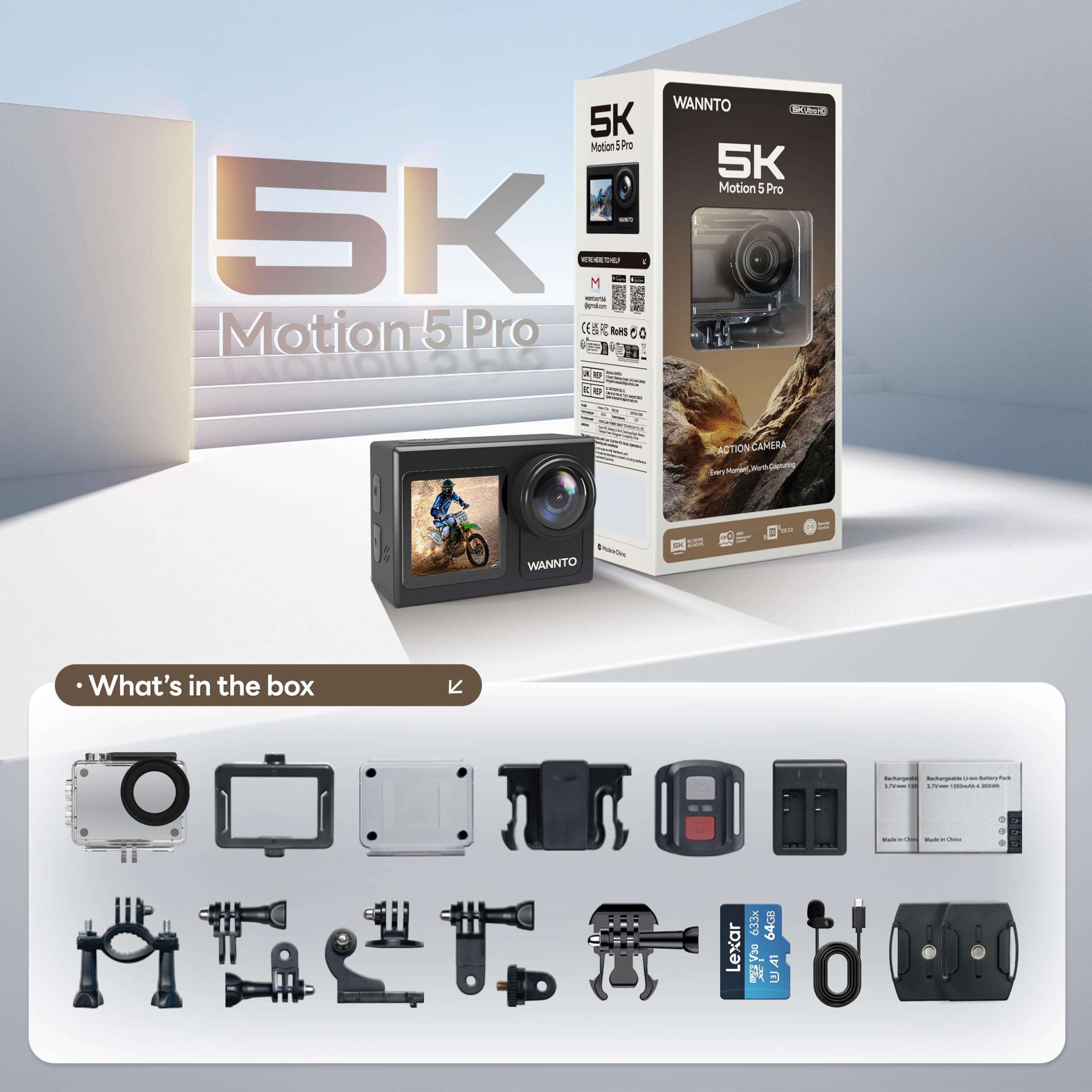 Action Cam 5K 24MP Motion 5 Pro 40M Unterwasserkamera Ultra HD Touchscreen 170 ° Weitwinkel, EIS Stabilisierung mit Externem Mikrofon 64GB U3 Speicherkarte