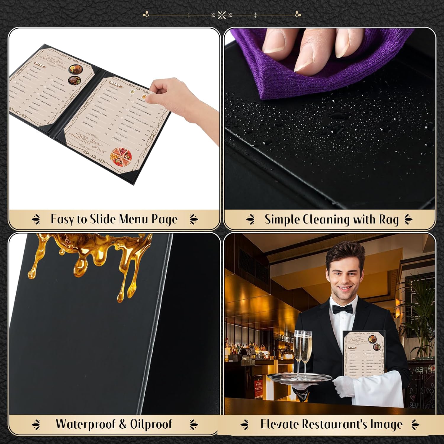 Menu Covers 8.5" x 11" – 5 Pack 2 View Black PU Leather Restaurant Menu Holders, Double Panel with Angled Corners for Food Menus, Wine Lists & Drink Specials & Cocktail, Perfect for Parties