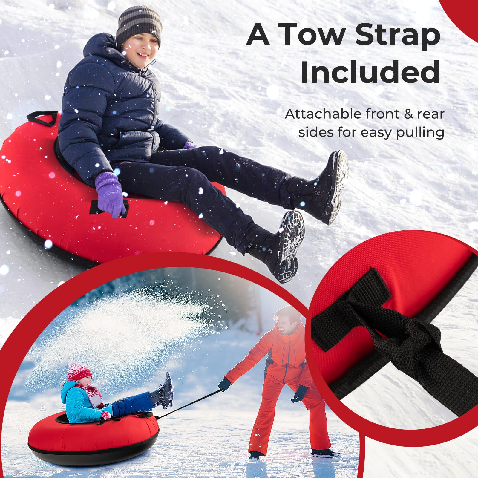 GOPLUS Trineo inflable 100 cm neumáticos de nieve con correa asiento acolchado tubo de nieve tela oxford 200 kg antideslizante para niños