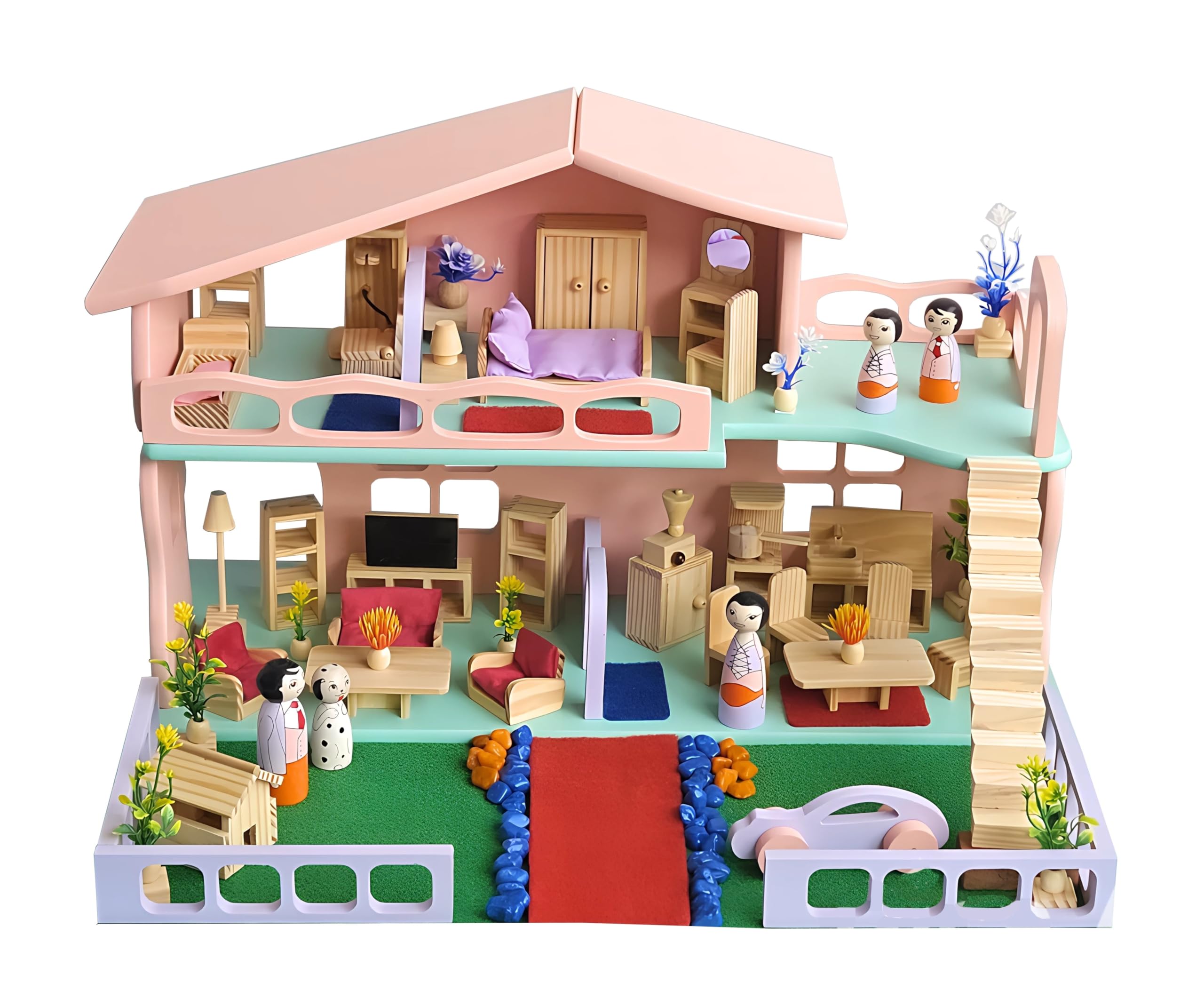 TinyMinyWorld Wooden Big Dollhouse Castle Large with Furniture playset Perfect Birthday Christmas Gift (Big Colour Villa 2 Stories with Garden)-image-3
