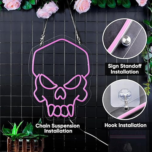 Miniatura 4 de Arte de pared de calavera rosa, decoración de letrero de neón de Halloween, decoración de pared con alimentación USB y batería, letrero de luz de