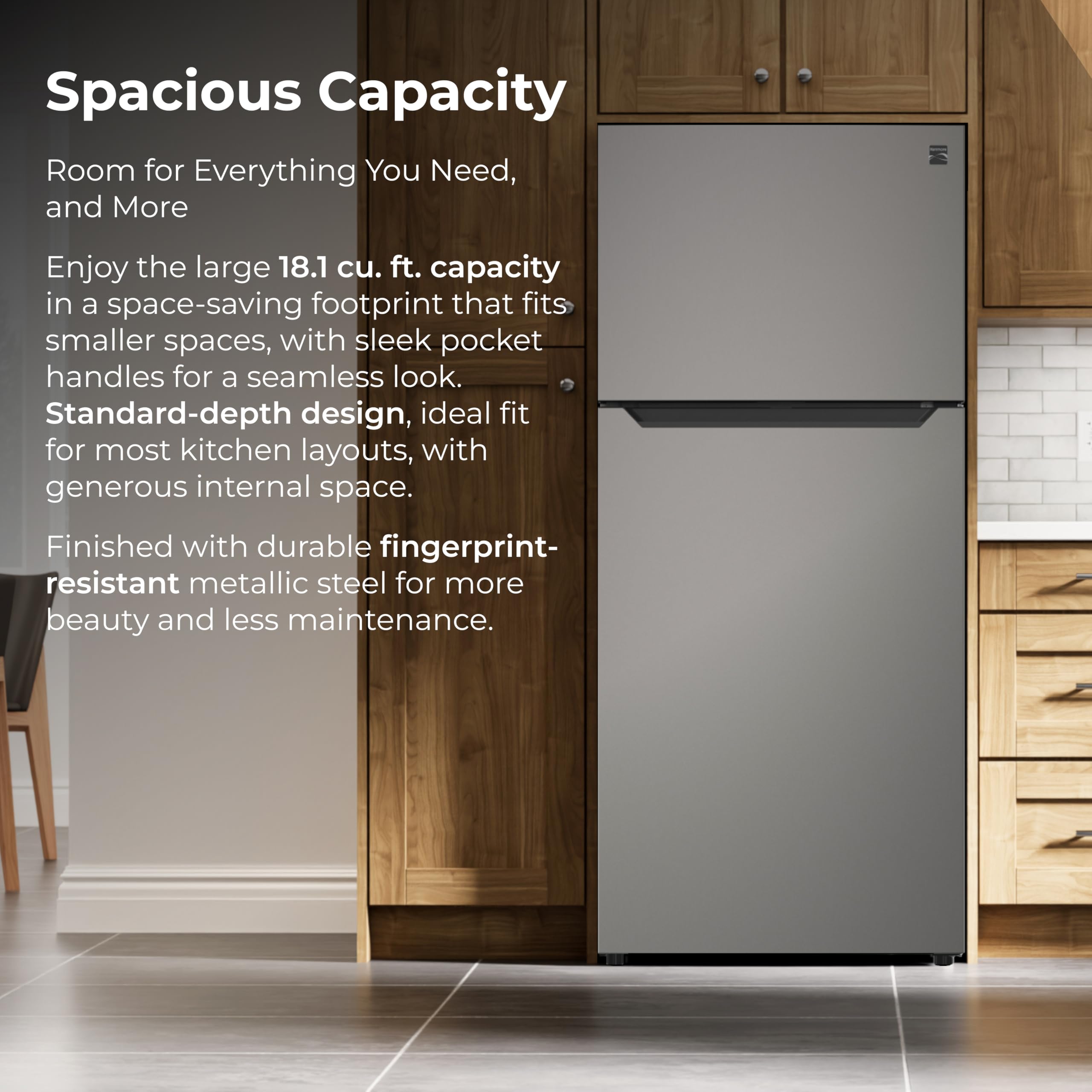 Kenmore 30" Top Mount Refrigerator With Freezer - Adjustable Shelving, Humidity-Controlled Crispers, LED Lighting, Energy Star Certified, 18.1 Cu. Ft. Capacity - Fingerprint Resistant Metallic Steel on Fridge.com - View 3