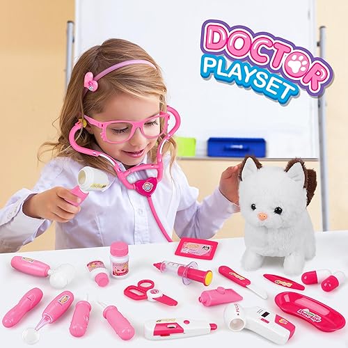 Miniatura 6 de Kit de 33 piezas de médico para mascotas para niños pequeños, disfraz de disfraz y juego de simulación de médico con juguete de gato, estetoscopio,