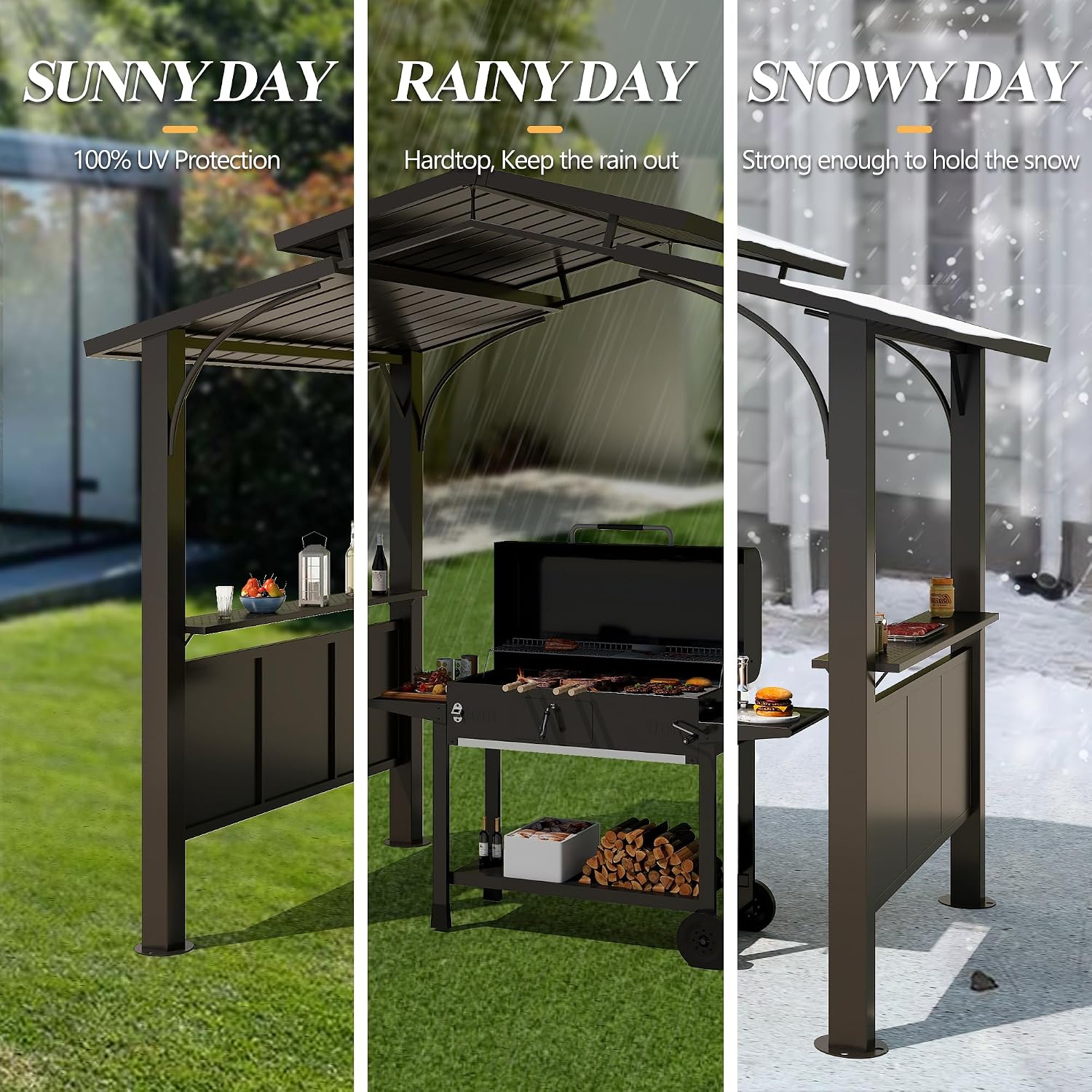 GARTOO 8 x 5 FT Outdoor Hardtop Grill Gazebo - Double Tiered BBQ Gazebo with 2 Side Shelves, Steel Frame Interlaced Vented Roof Gazebos for Patio, Backyard, Garden, Swimming Pool, Lawn