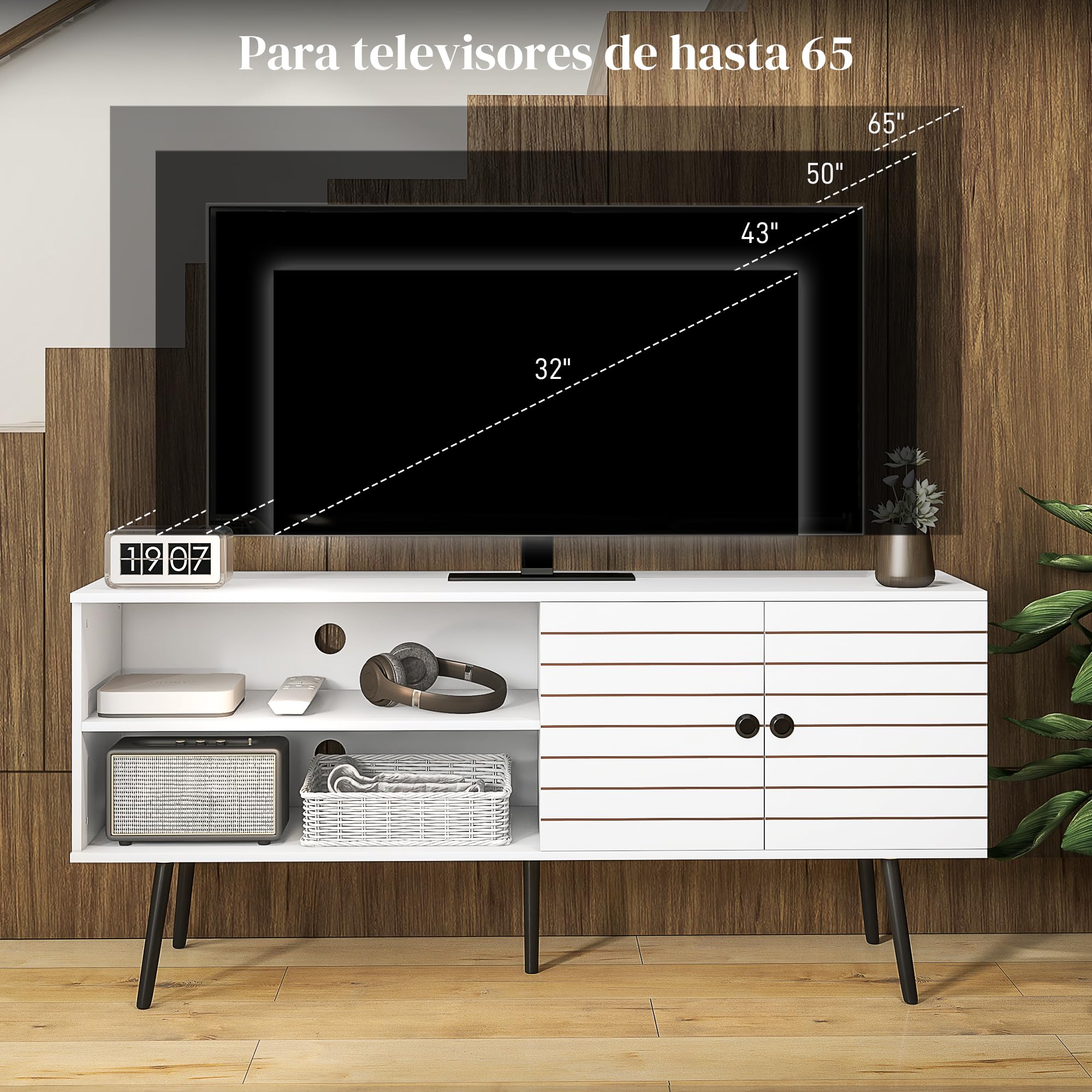 HOMCOM Mueble de TV para Televisores de 65 Pulgadas 145x38x65 cm Blanco | para Salón, Mesa para Televisores, Mueble para TV Moderno, 2 Estantes Abiertos, 1 Estante Ajustable, 55 Pulgadas
