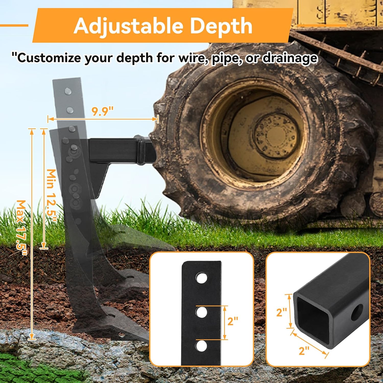 Hitch Mounted Ripper Trencher for ATV UTV Tractor, 3 Point Subsoiler Plow fits 2" Receiver, Reinforced Middle Buster with Replaceable Teeth for Garden Trenching and Digging