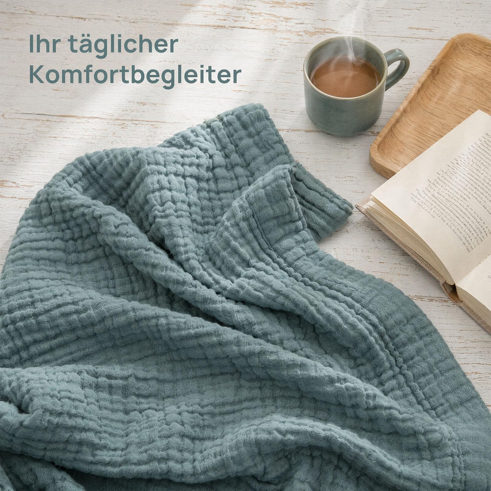 Musselin Decke 150 x 200 100% Baumwolle Leichte Sanfte Musselin-Decke für Bett Sofa Dunkelgrün