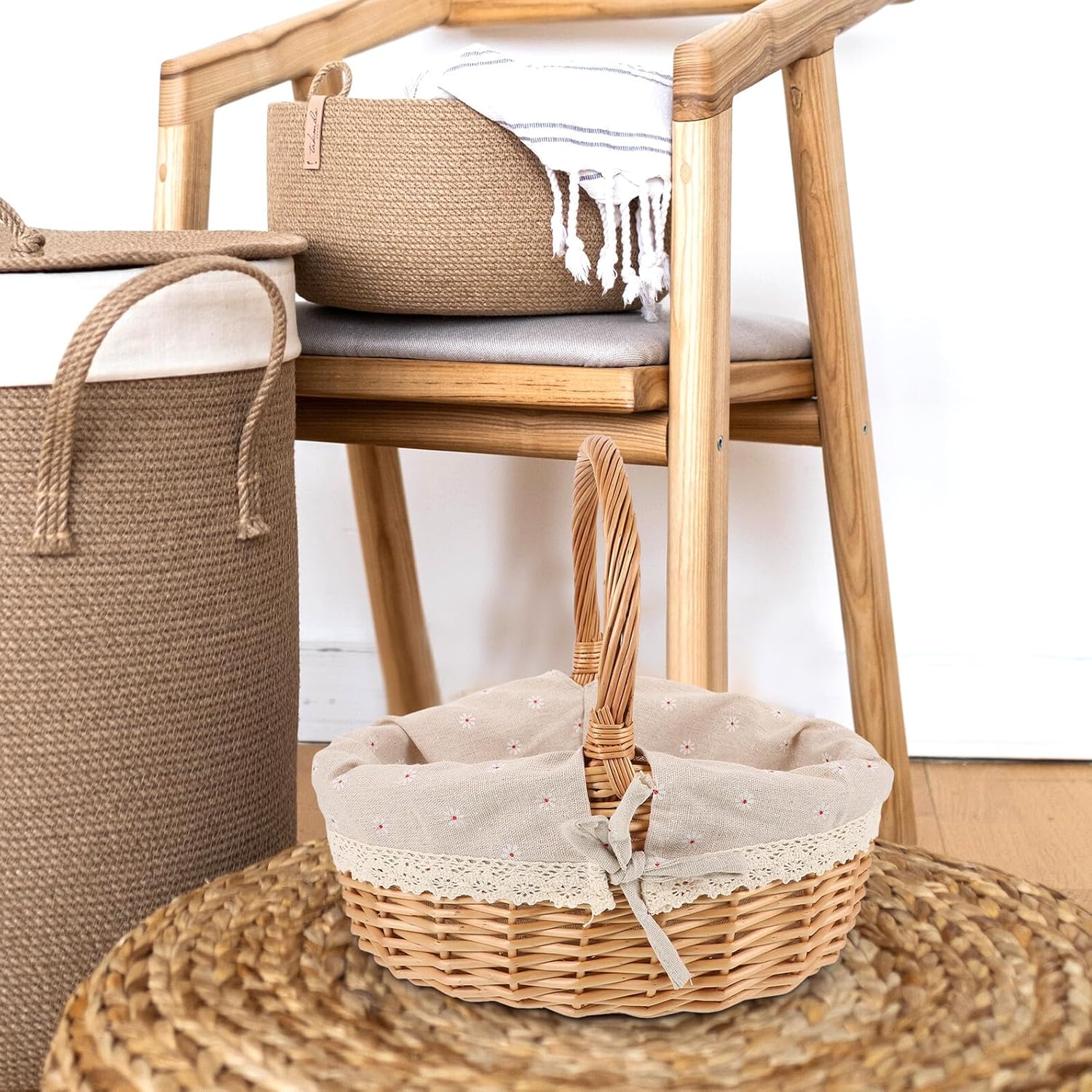 STAHAD Rustic Handwoven Small Picnic Basket with Handle Lightweight Portable Gathering Basket for Fruit Shopping Outdoor Storage and Travel Use