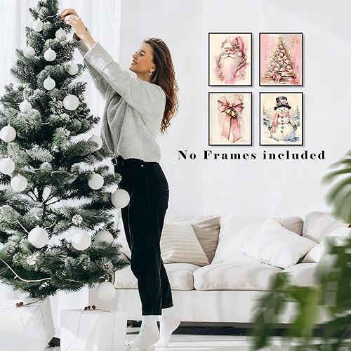 Miniatura 3 de EUYTHNGYF Coquette - Juego de 4 pósteres de pared con lazo rosa, árbol de Navidad, Papá Noel, muñeco de nieve de invierno, decoración de pared para
