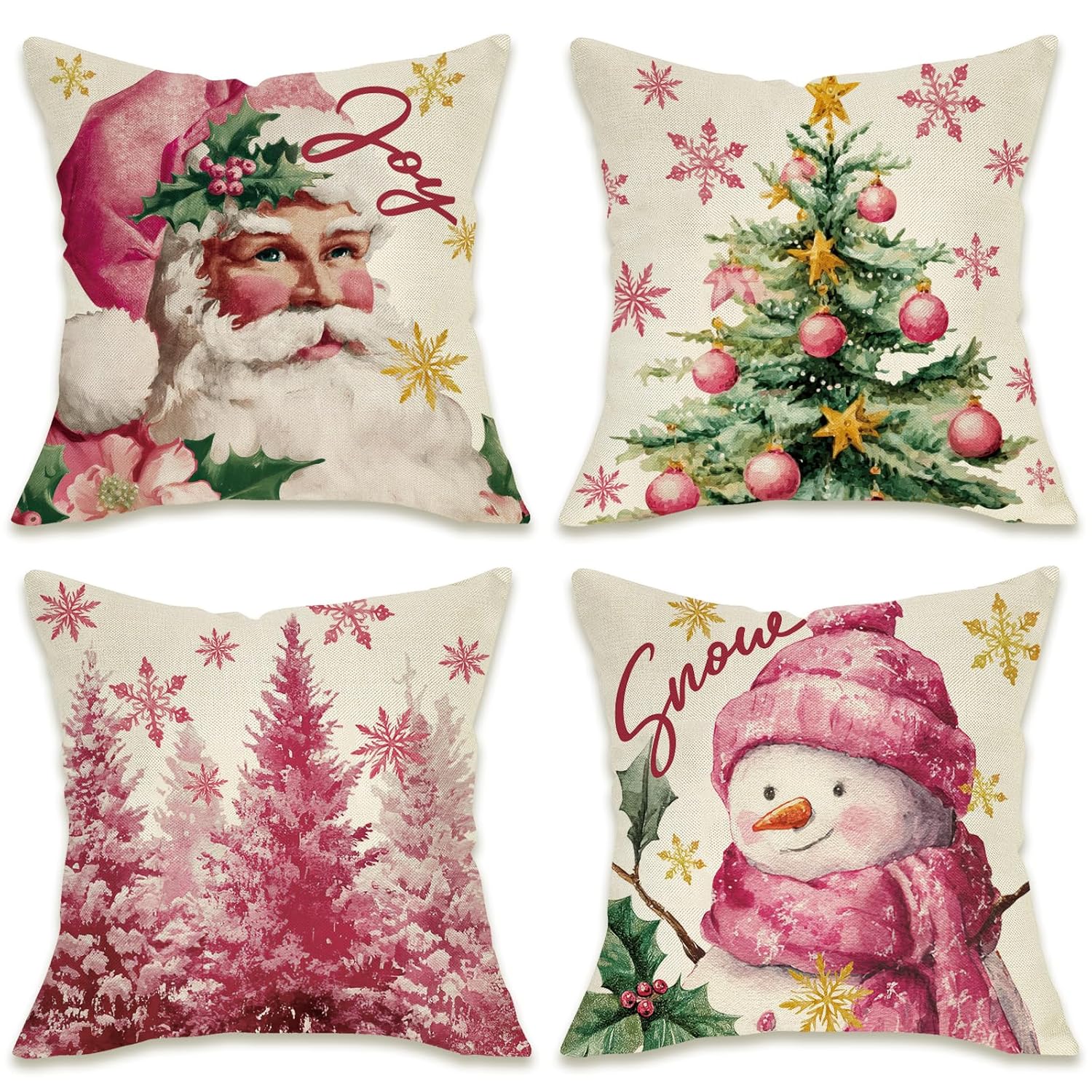 Fahrendom Pink Christmas Tree Decorative Throw Pillow Covers 18 x 18 Set of 4 Xmas Santa Claus Snowman