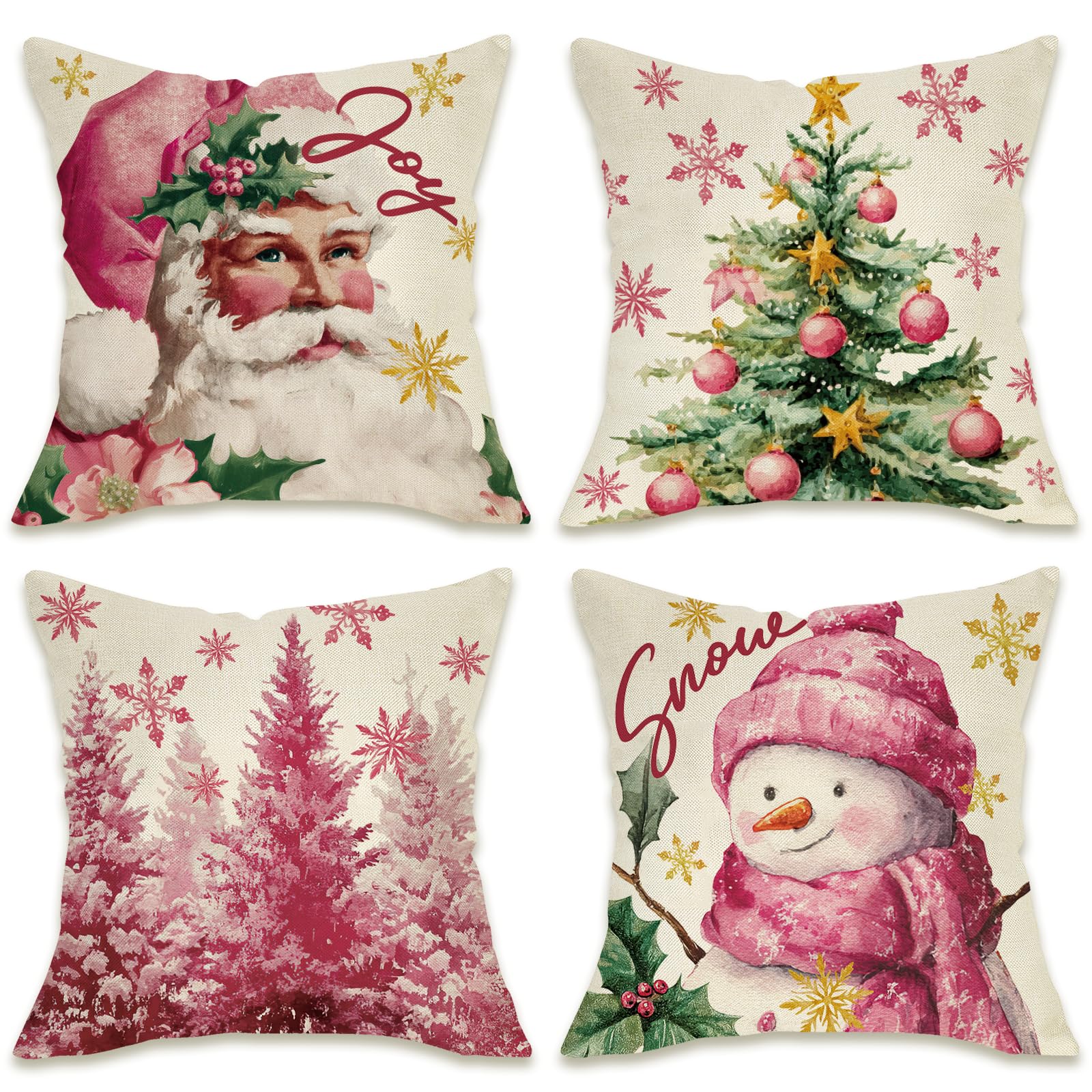 Fahrendom Pink Christmas Tree Decorative Throw Pillow Covers 18 x 18 Set of 4 Xmas Santa Claus Snowman