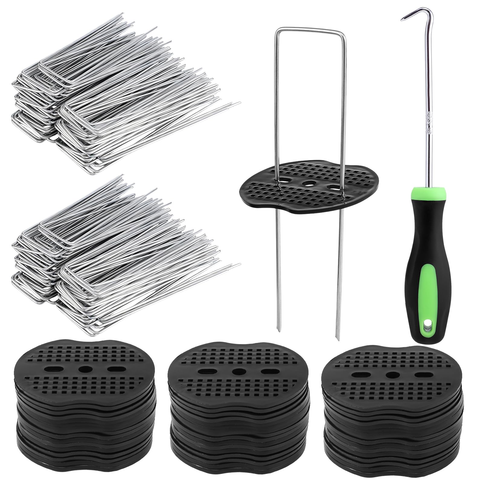 Weed Membrane Pegs, 100 Pcs 6"/15cm U-Shaped Garden Pegs Stakes + 100 Pcs Buffer Washer, Strong Garden Weed Membrane Pegs Steel for Fixing Landscape Fabric, Mulch, Artificial Turf(With 1 Pick Hook)