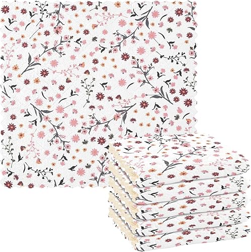 Pink Red Flowers Country Cotton Decor Microfiber Dish Towels for Kitchen Absorbent Set of 6 Microfiber Absorbant Towel for Restaurant Coffee