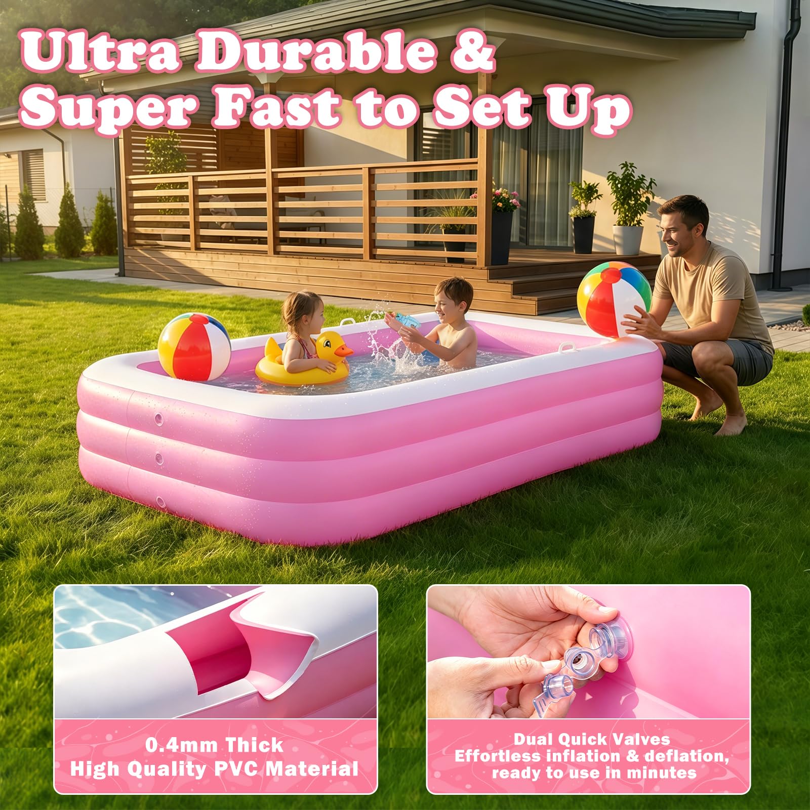 Piscina Hinchable Niños, Piscina Infantil Rectangular con 2 Pelotas de Playa y 2 Mini Pistolas de Agua, Piscine de Verano para Jardín, Exterior y Fiestas de Verano (Rosa)