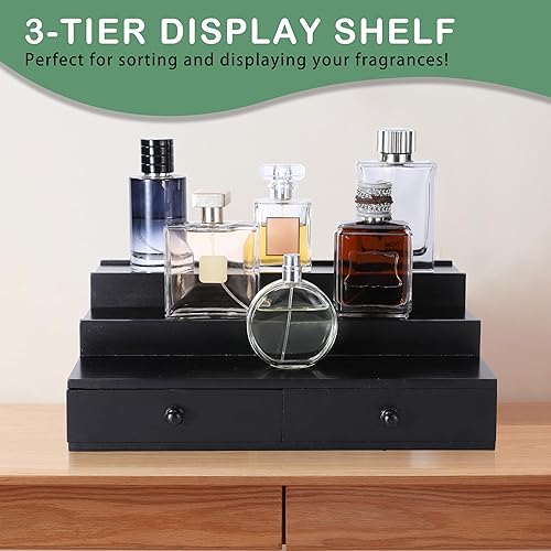 Miniatura 9 de Organizador de colonia para hombres, soporte de colonia de 3 niveles con cajón y compartimento oculto, estante de colonia de madera para soporte de