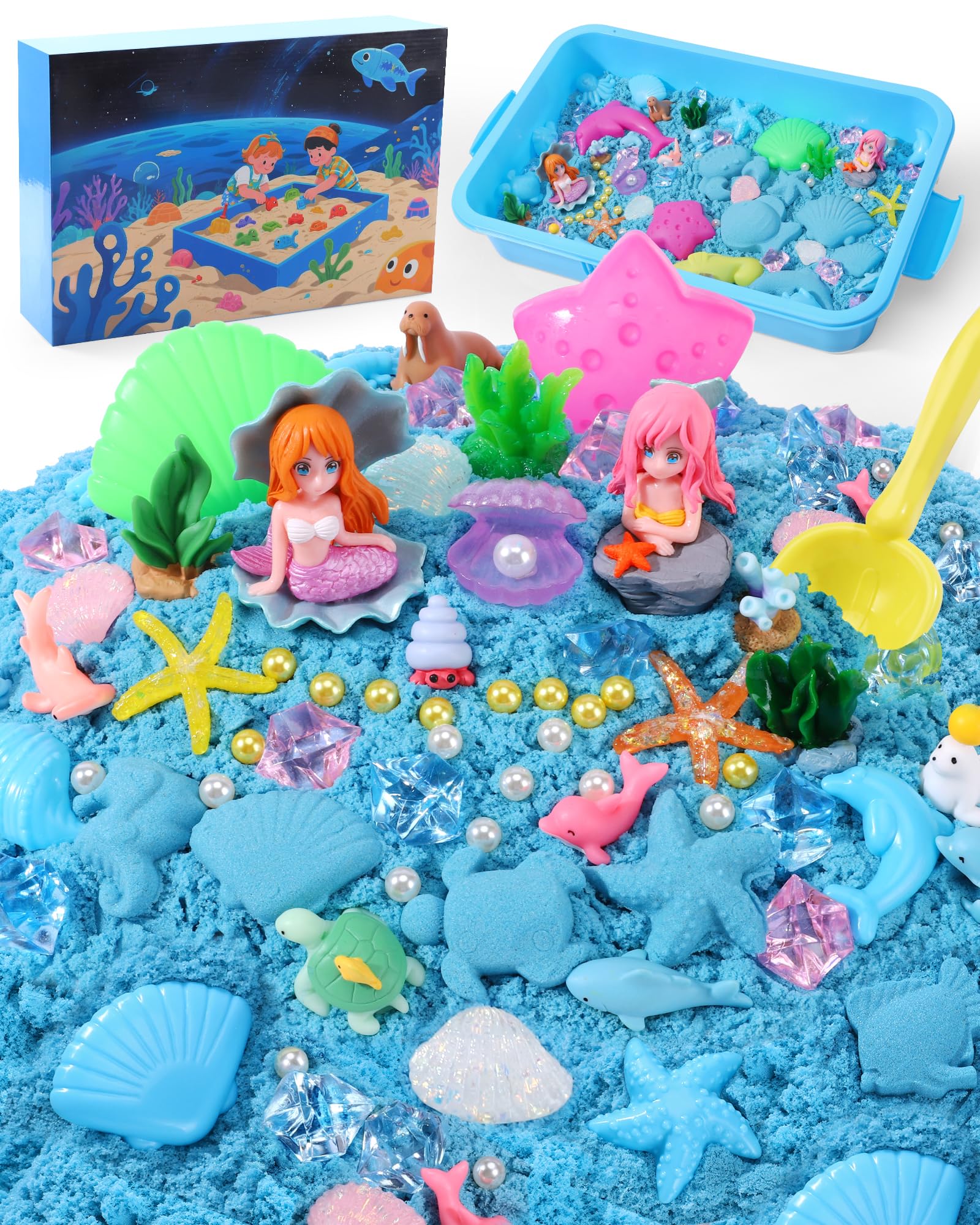 cycletour Magic Sand Set Ocean Series, Sensory Bin Contains 2 Pounds of Blue Magic Sand for Kid, 47 Types of Accessories, Gifts Suitable for Children Aged 3 and Up