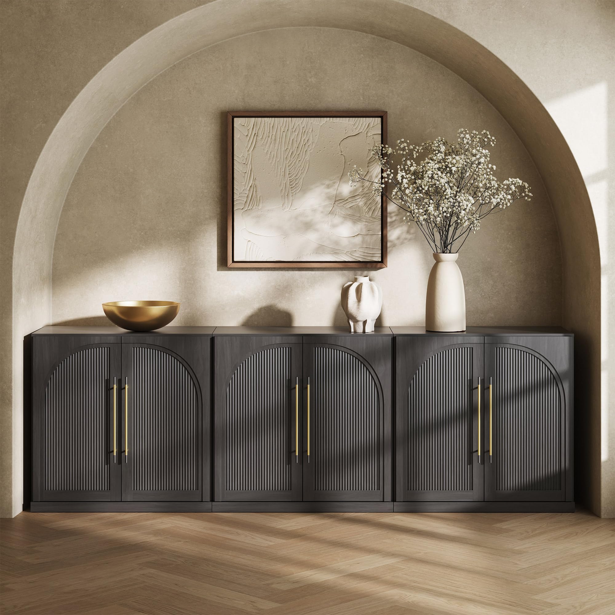 BELLEZE 65 Inch Fluted Buffet Cabinet with Storage, Symmetrical Arc Accent Sideboard Large Console Table for Dining Room, Kitchen, and Living Room (Camel) — view 40