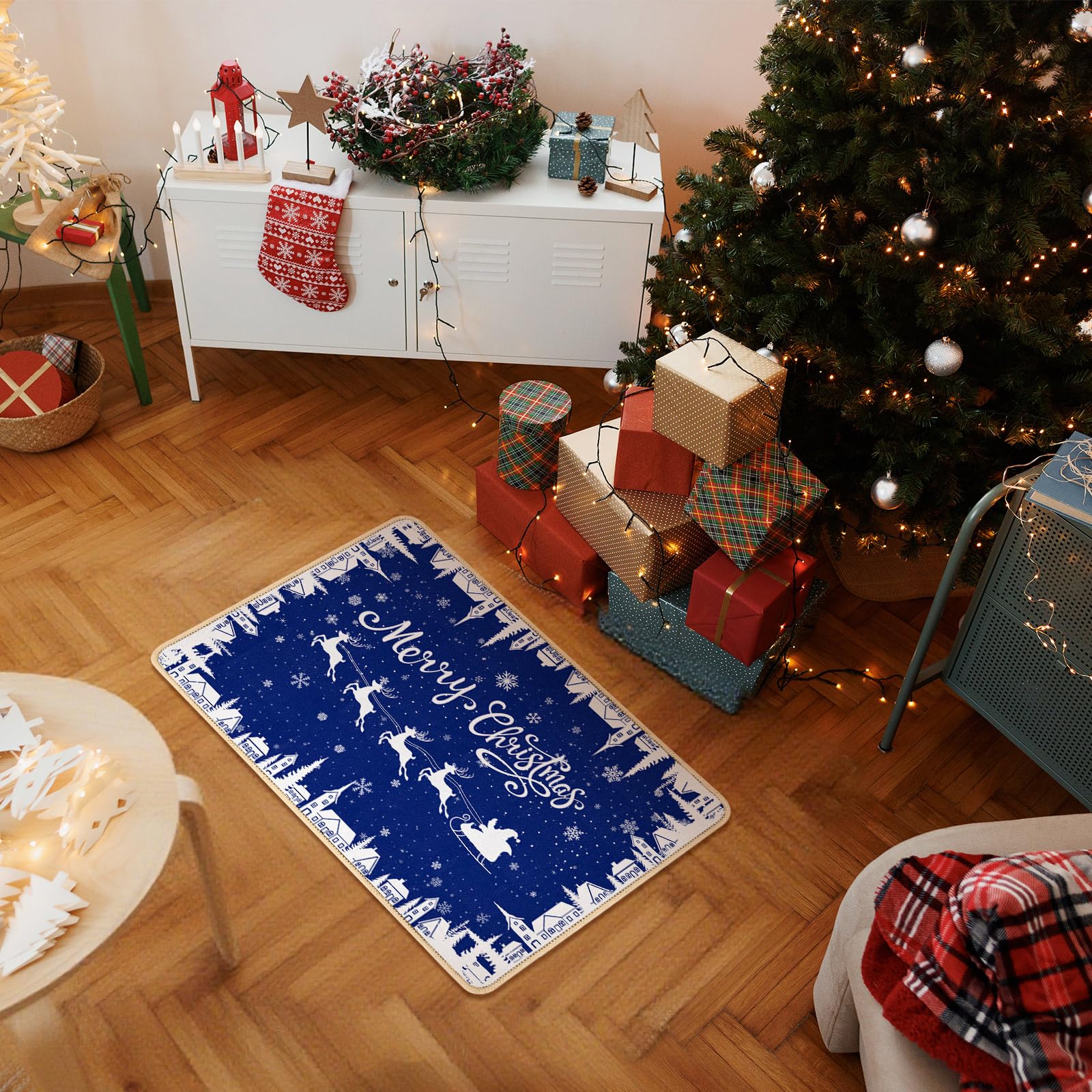 Dunzy Fußmatte, Motiv: blaue Schneeflocken, Motiv: Frohe Weihnachten, Winterdorf, Küchenteppich, Heimdekoration, rutschfest, waschbar, Teppich für Küche, Eingangsbereich, Schlafzimmer, Badezimmer