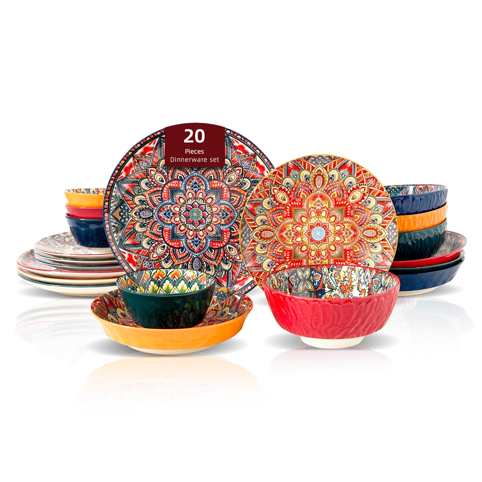 Boho 10-teiliges Geschirrset – Set aus Tellern und Schalen – Porzellangeschirr für 2 Personen – Mikrowellen- und spülmaschinenfest – Kratzfest – Essgeschirr im Bohemian-Stil – Grün