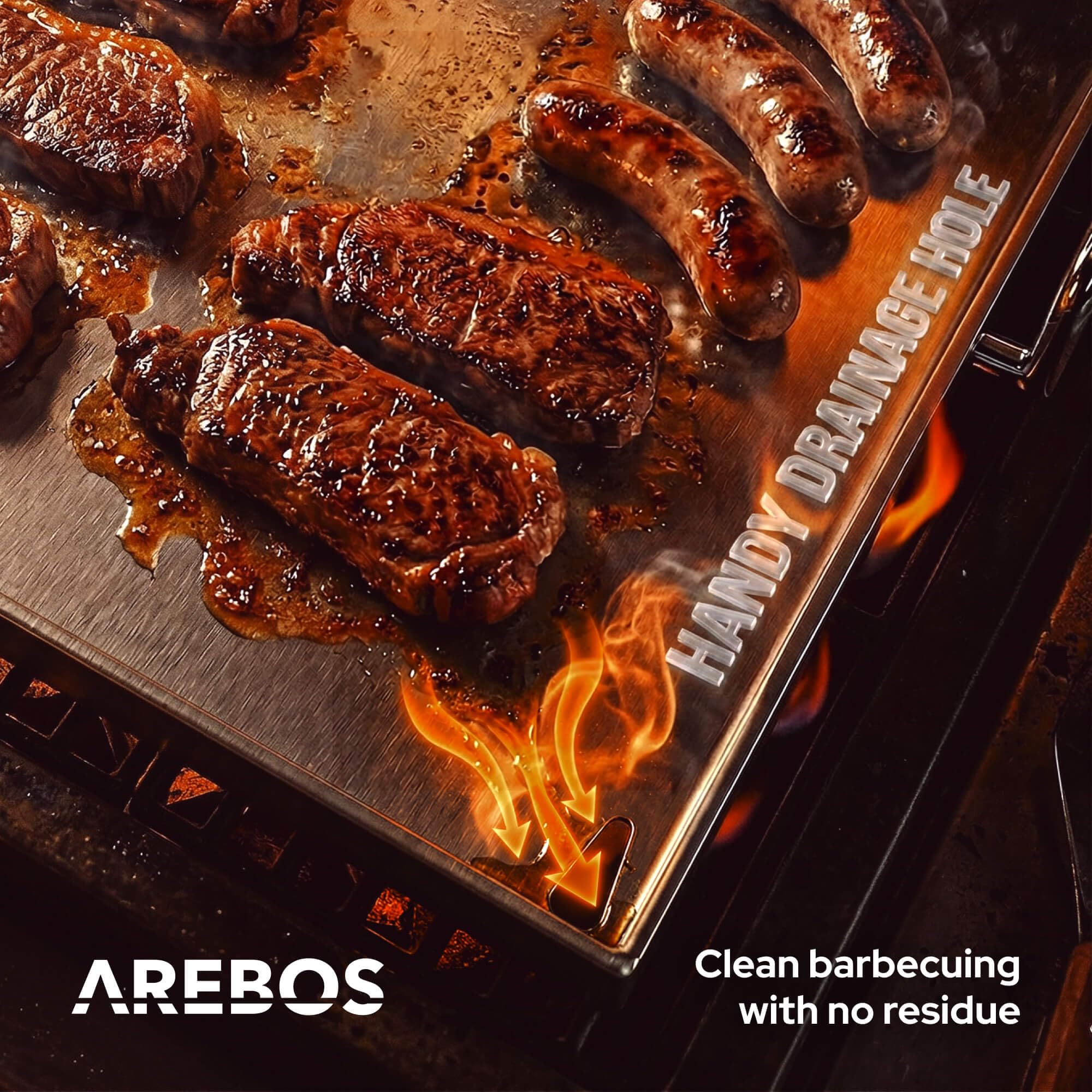 Arebos Płyta Grillowa ze Stali Nierdzewnej 40x30 cm | Plancha do Grilla Gazowego i BBQ | Grubość 4 mm | Odporna do 800°C | Odpływ Tłuszczu | 2 Szpatułki i 5 Szaszłyków w Zestawie