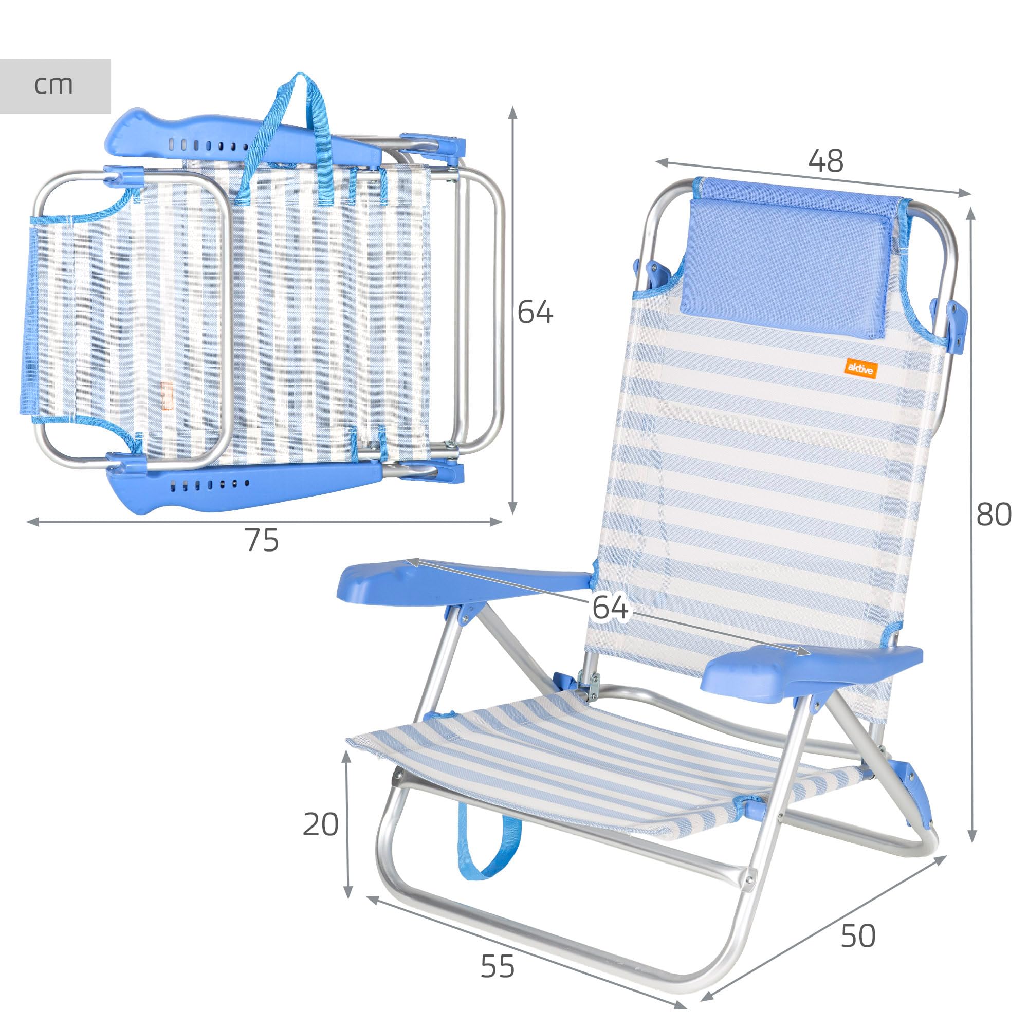 AKTIVE Silla de Playa Plegable, 8 Posiciones, Color Azul Rayas, Mide 48x50x80 cm, Soporta 110 kg, Asas de Transporte, Sillas Respaldo reclinable (62549)